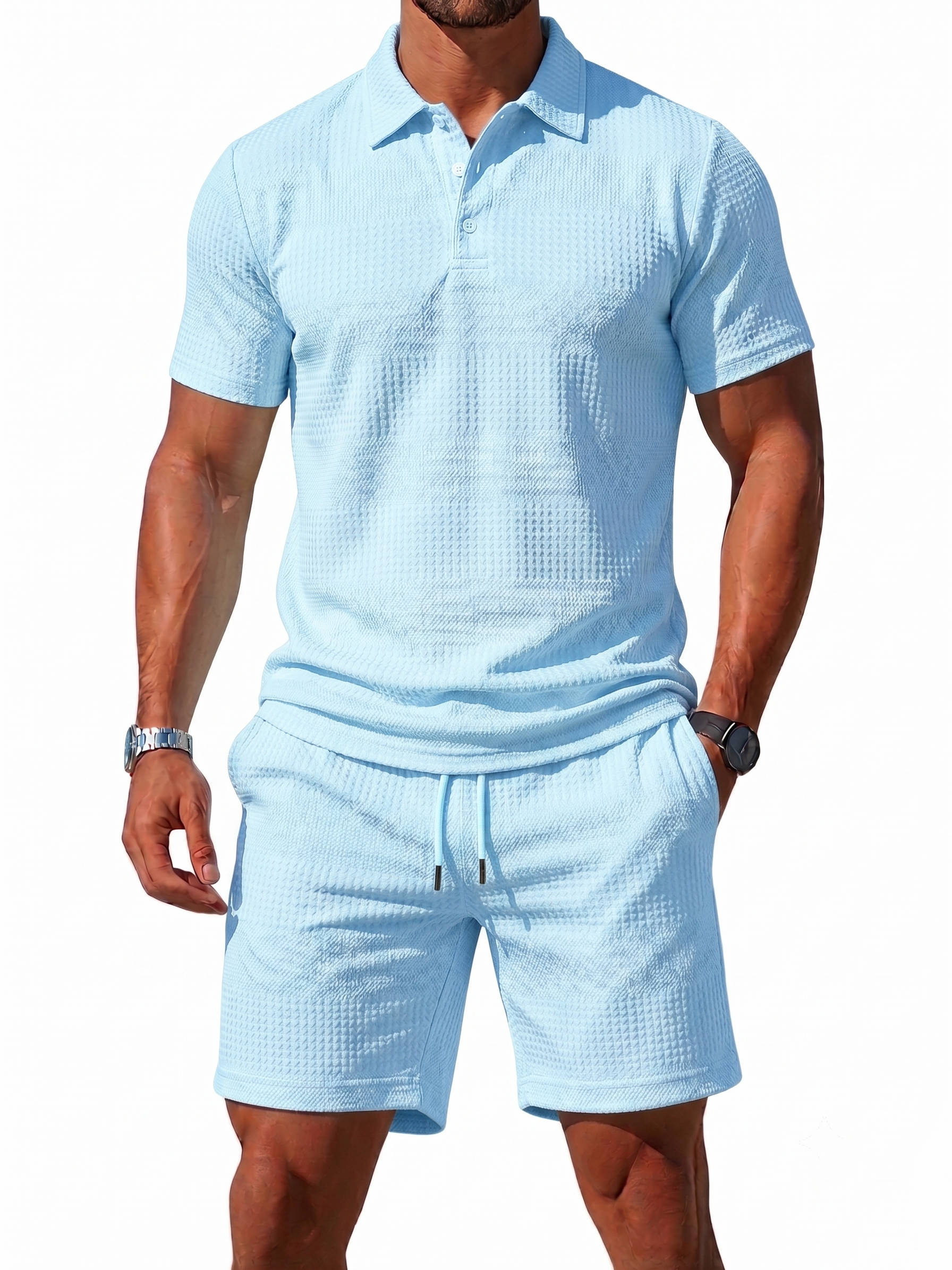 Men's Knitted Polo and Shorts Set, Vintage Casual Two Piece Outfits, Short Sleeve Textured Tracksuit