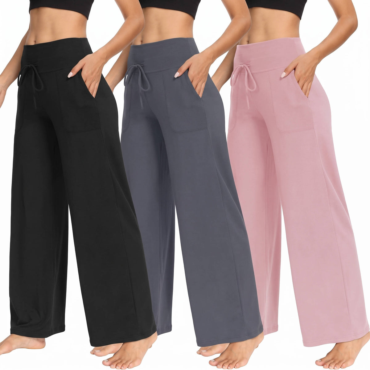 Womens Wide Leg Sweatpants, 3 Pack Loose Fit Pants with Pockets for Yoga Lounge Casual Wear and Everyday Comfort
