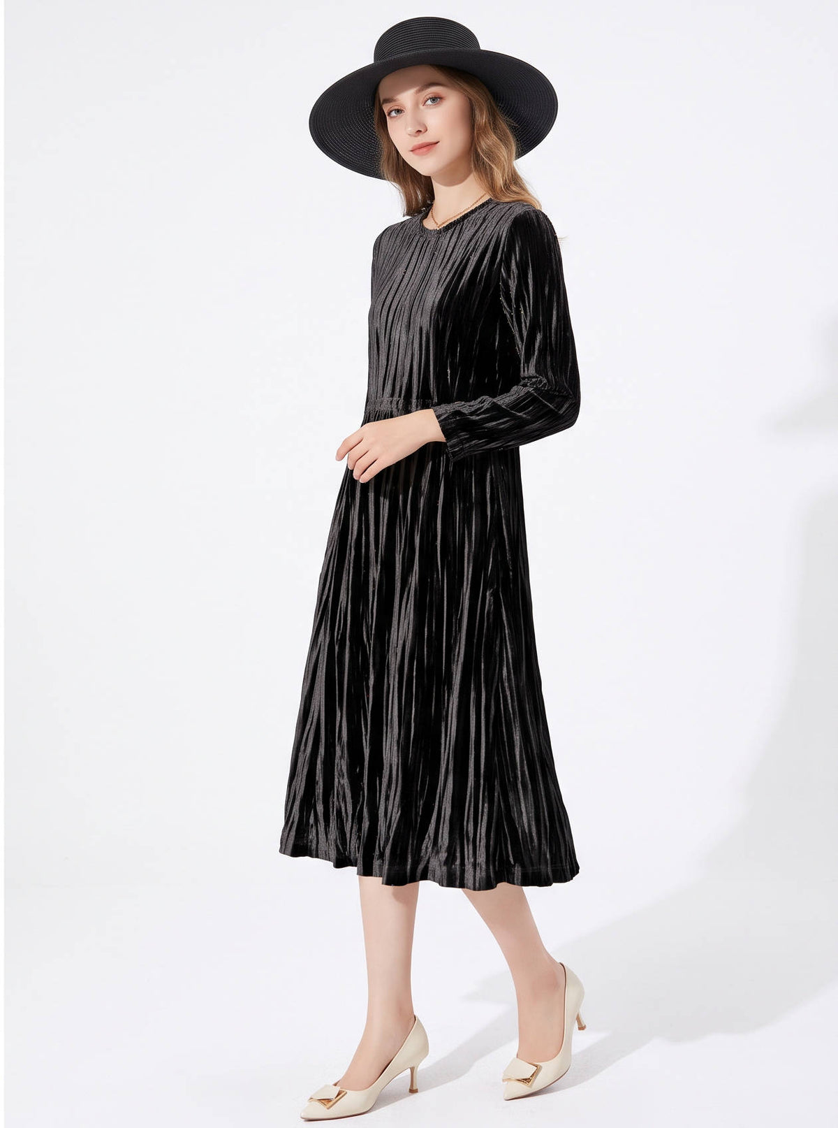 Velvet Dresses for Women, Vintage Style Long Sleeve Cinched Waist Pleated Dress for Fall and Winter