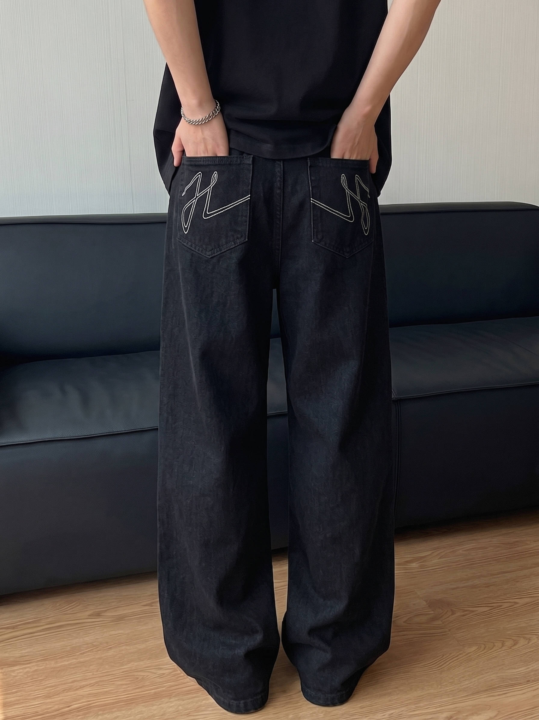 Mens Beige Wide Leg Jeans, Loose Fit Baggy Denim, Hip Hop Streetwear Pants with Pockets