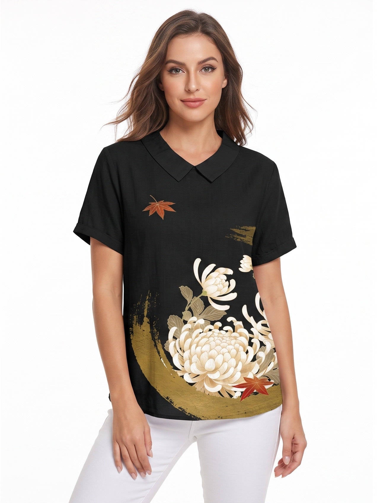 Women's Floral Print Linen Blouse, Vintage Peter Pan Collar Short Sleeve Shirt, Casual Lightweight Prairie Tops