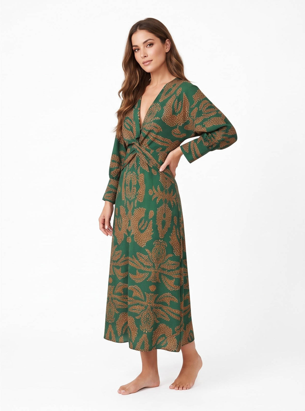 Womens Fall Wedding Guest Dress, V Neck Maxi Dress, Long Sleeve Elegant Formal Dress