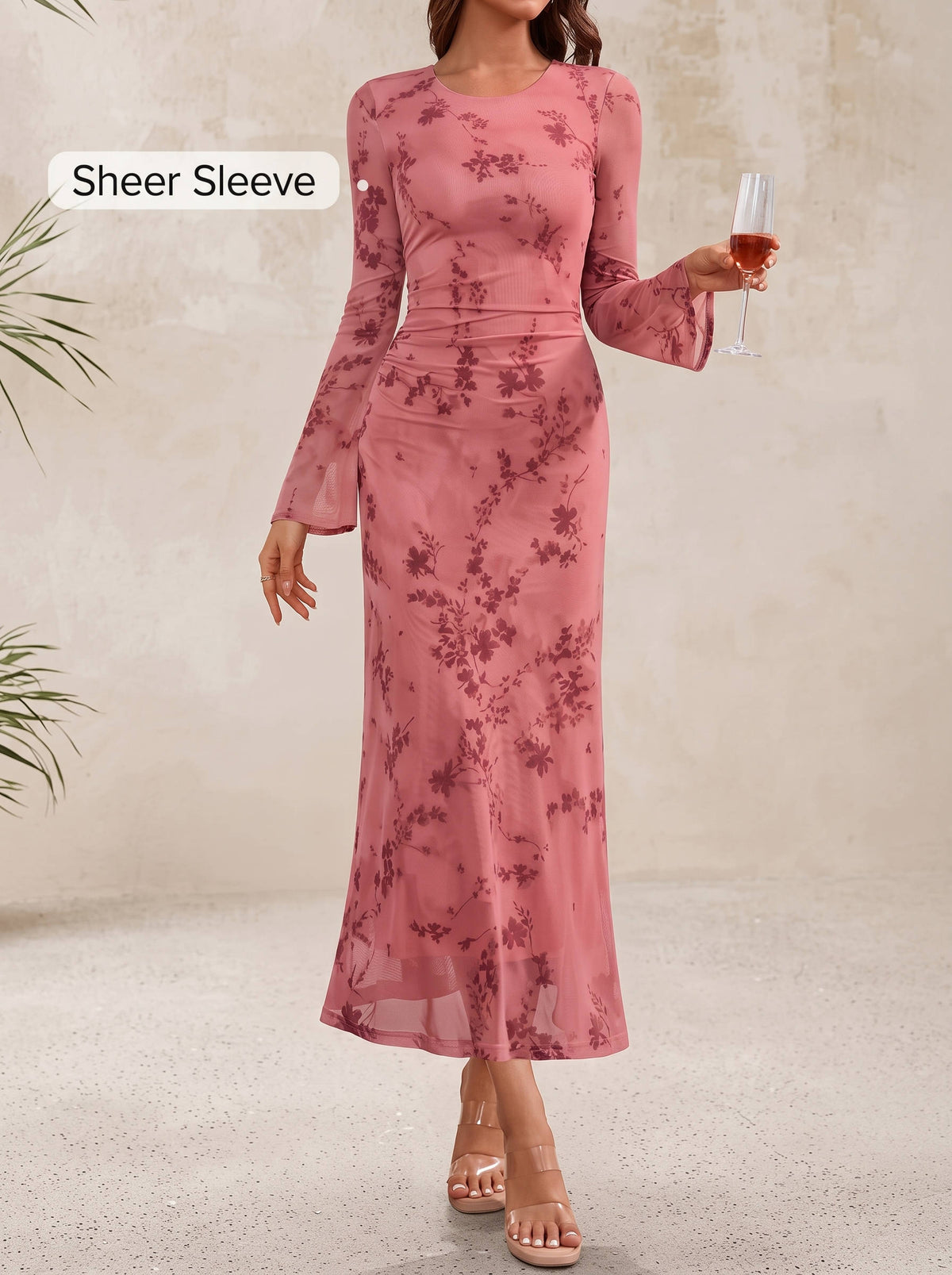 Womens Floral Maxi Dress, Long Sleeve Bodycon Ruched Mesh Formal Dress for Fall Evening Events