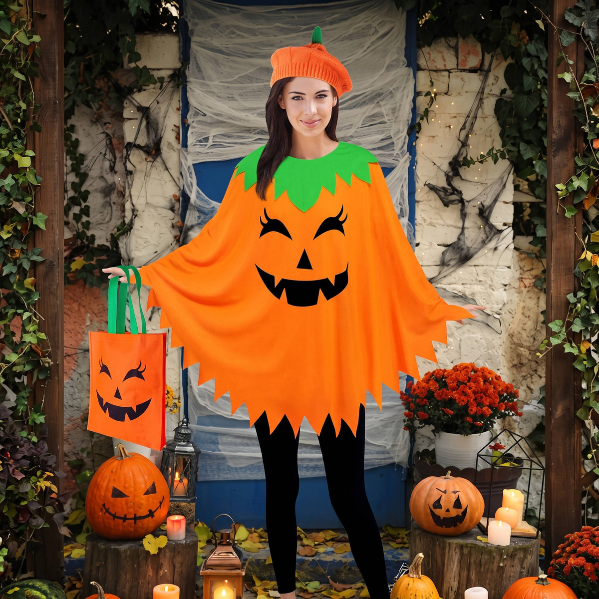 Pumpkin Costume for Women, Adult Pumpkin Poncho Halloween Costume Set for Parties and Events