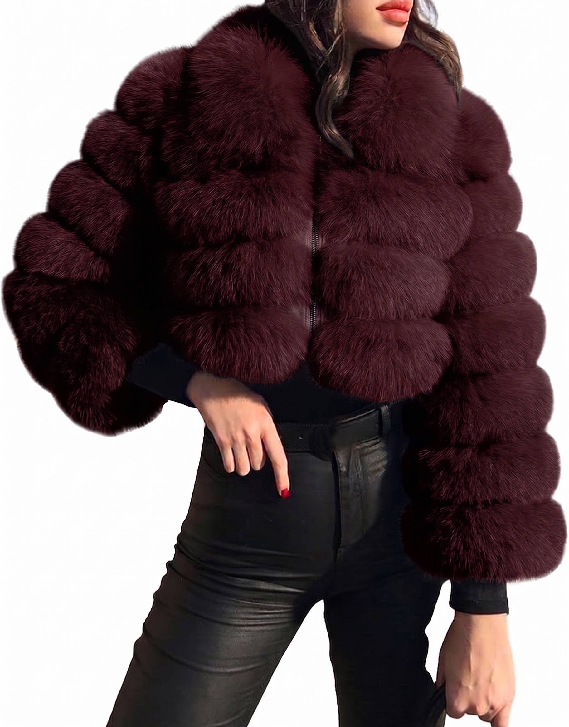 Womens Faux Fur Cropped Jacket, Fluffy Teddy Puffer Coat, Zip Up Warm Winter Jacket