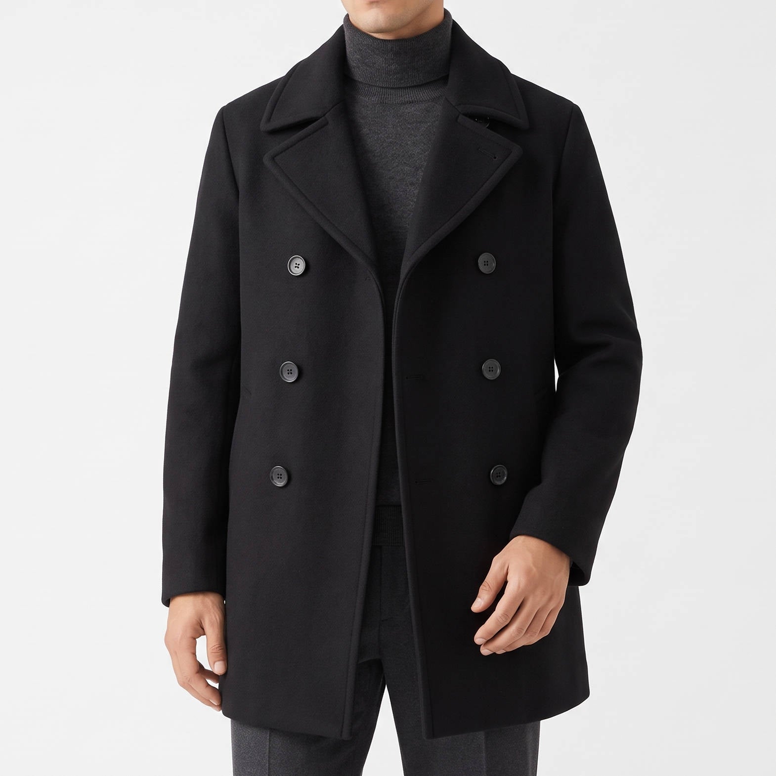 Men's Black Wool Peacoat, Double Breasted, Warm Winter Coat, Classic Button Front Jacket