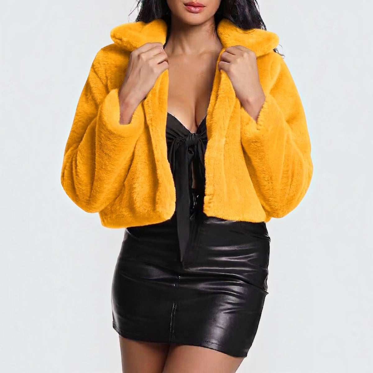 Womens Cropped Faux Fur Jacket, Plush Shawl Collar Cardigan with Hidden Pockets and Buttons
