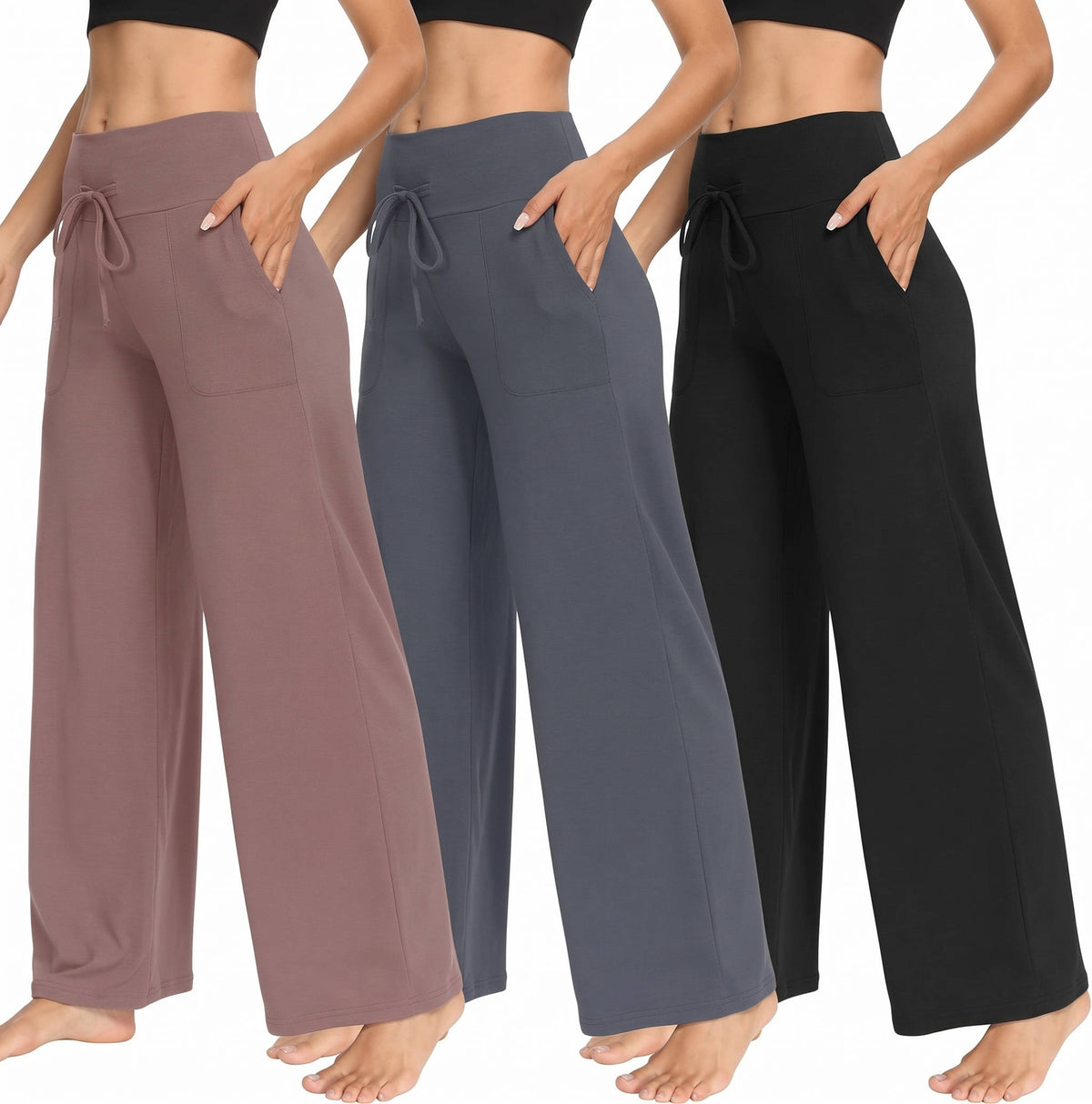 Womens Wide Leg Sweatpants, 3 Pack Loose Fit Pants with Pockets for Yoga Lounge Casual Wear and Everyday Comfort