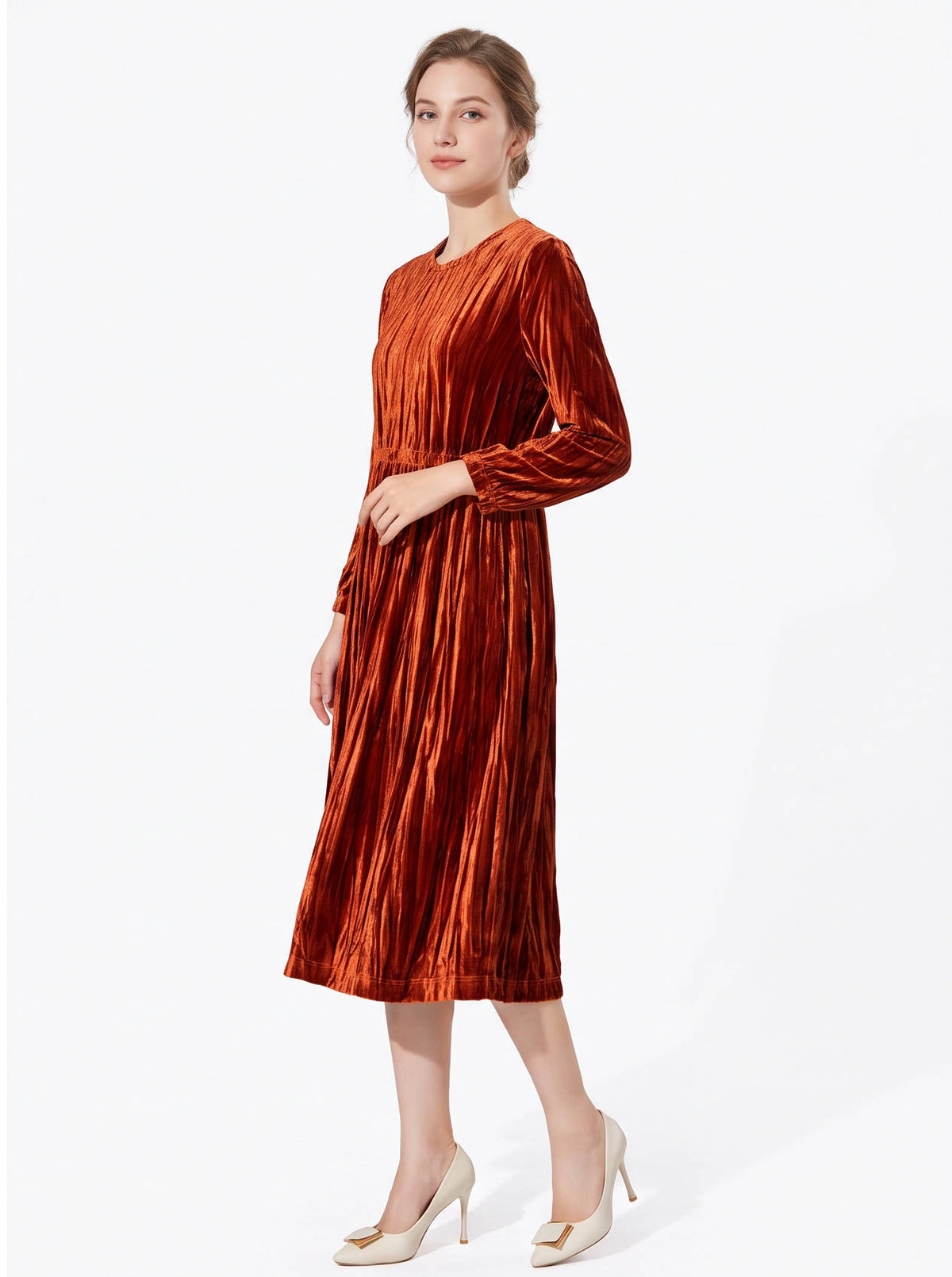 Velvet Dresses for Women, Vintage Style Long Sleeve Cinched Waist Pleated Dress for Fall and Winter