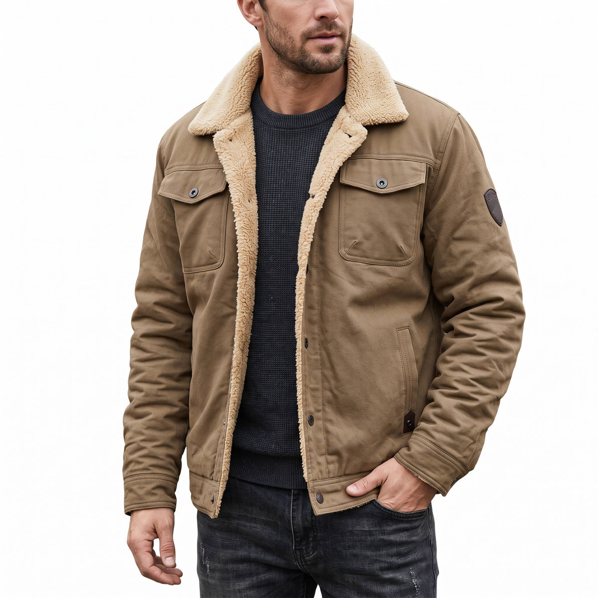Mens Sherpa Lined Jacket, Winter Trucker Cargo Coat with Long Sleeves, Warm Fleece Lining and Multi Pocket Design