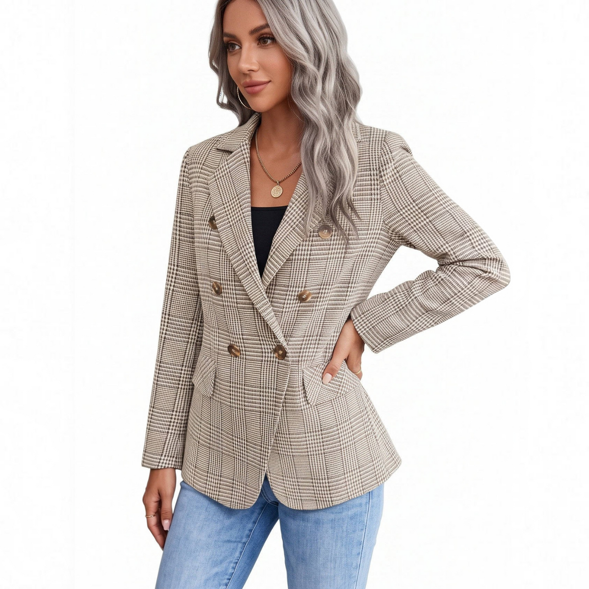 Womens Plaid Houndstooth Blazer, Business Casual Fall Jacket