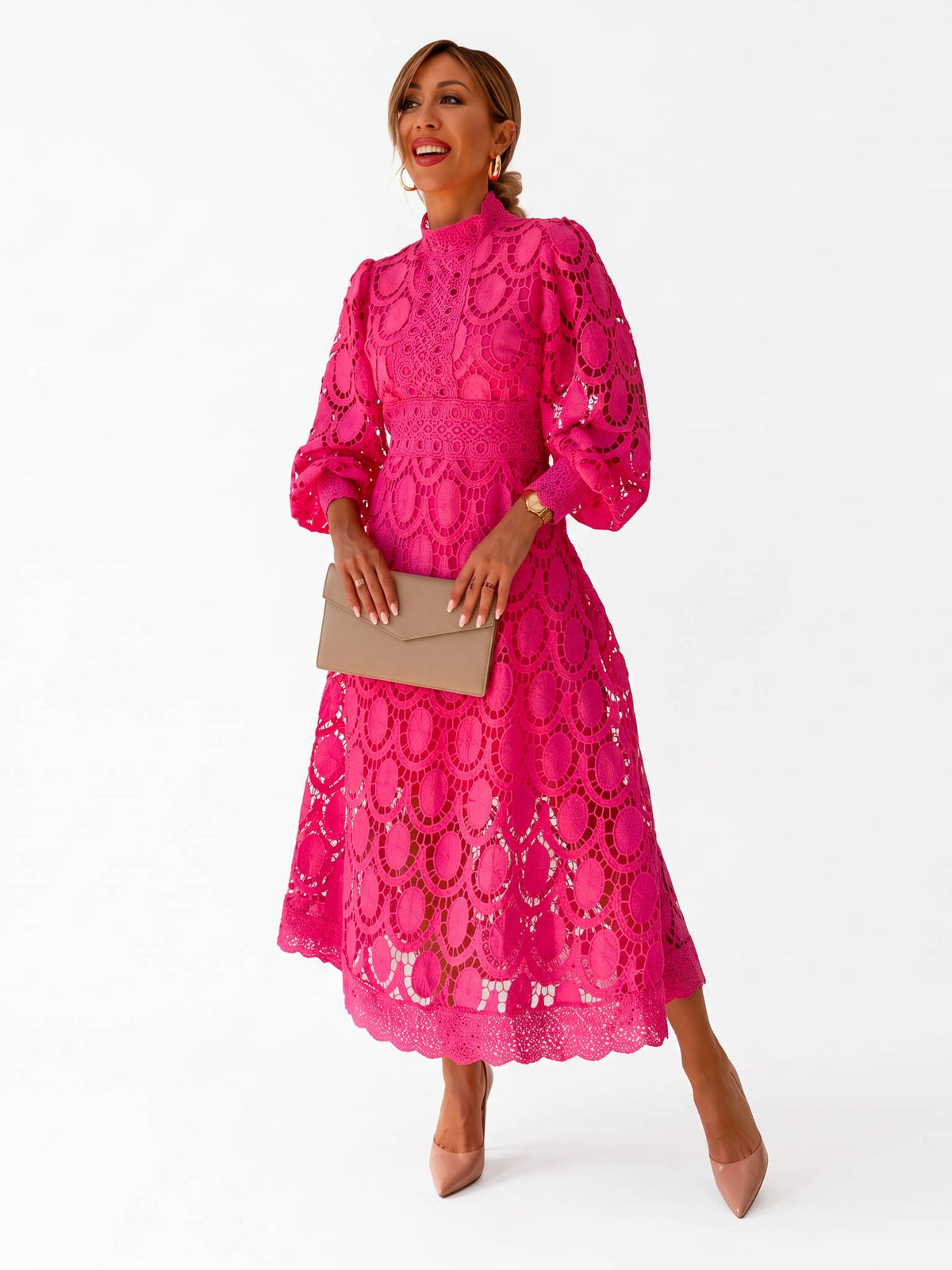 Womens Camille Openwork Midi Dress, Elegant Cutout Knit Dress, Stylish Casual Occasion Wear