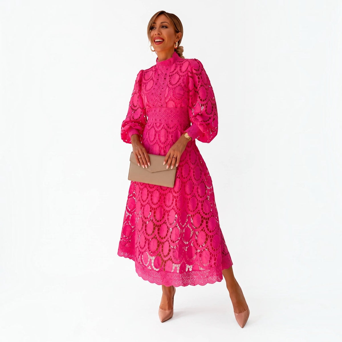Womens Camille Openwork Midi Dress, Elegant Cutout Knit Dress, Stylish Casual Occasion Wear