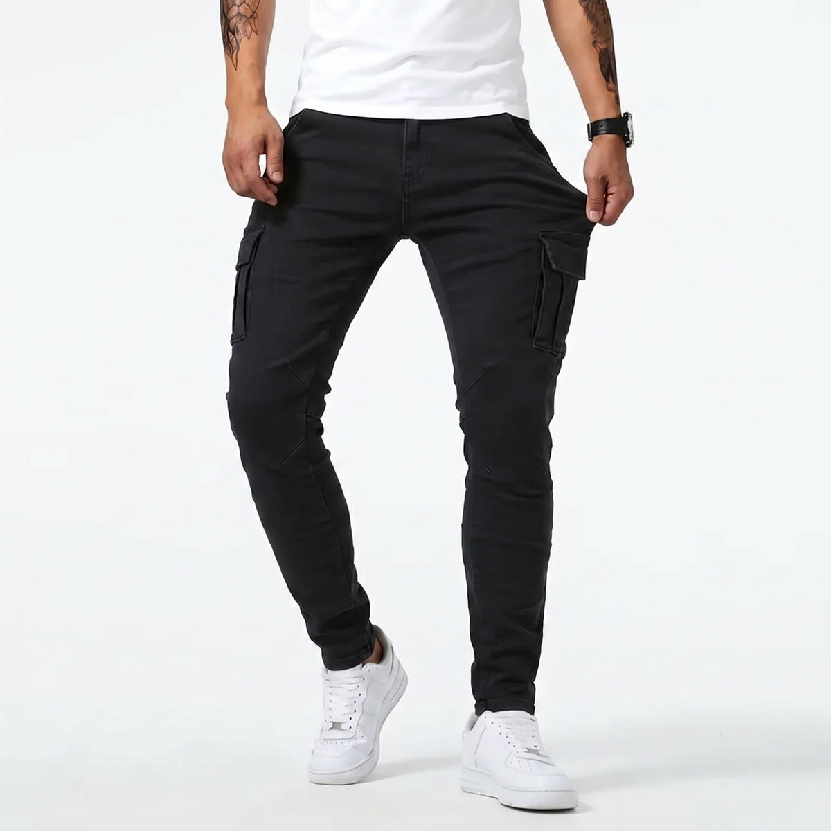 Mens Stretch Jeans Cargo Pants, Slim Fit Multi Pocket Denim Streetwear Trousers