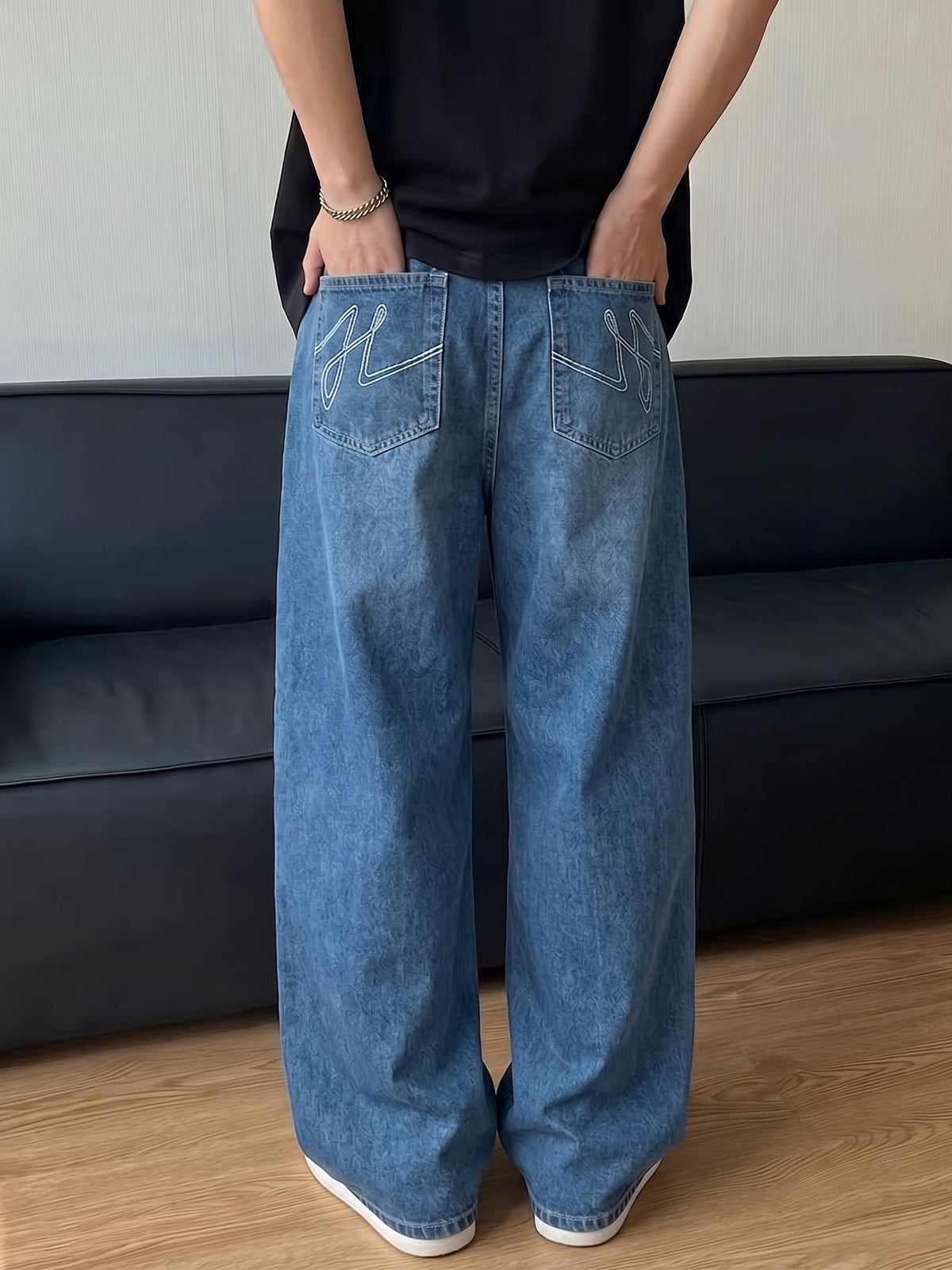 Mens Beige Wide Leg Jeans, Loose Fit Baggy Denim, Hip Hop Streetwear Pants with Pockets