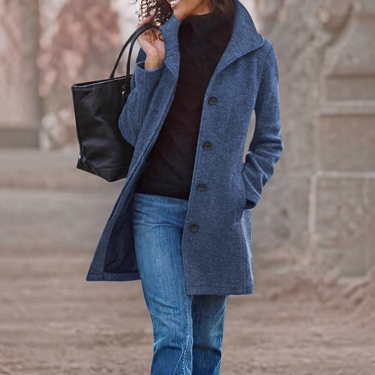 Womens Wool Blend Pea Coat, Thick Stand Collar, Single Breasted Winter Jacket