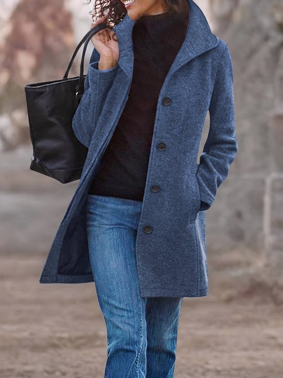 Women's Wool Blend Pea Coat, Thick Stand Collar, Single Breasted Winter Jacket