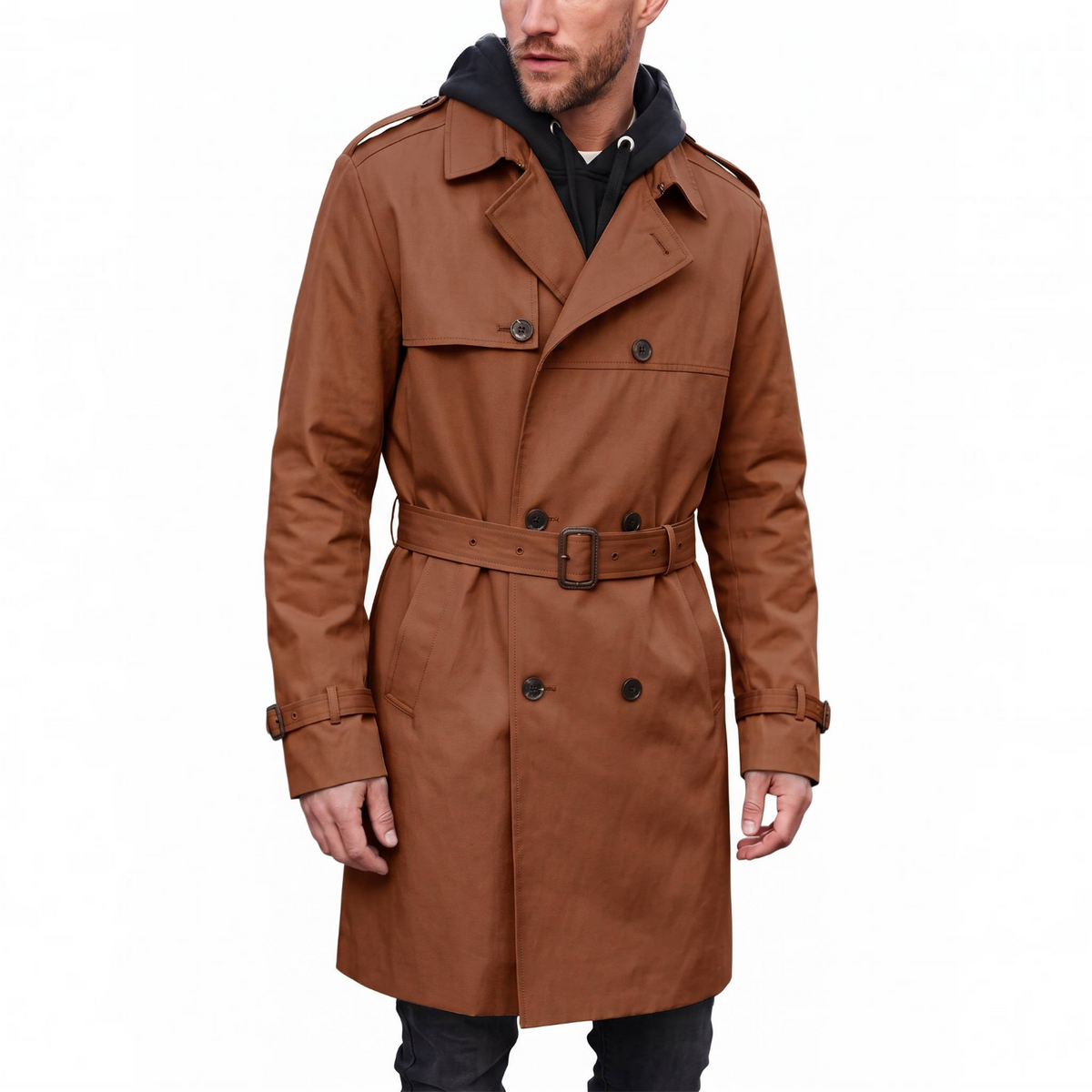 Mens Trench Coat, Belted Windproof Overcoat, Long Windbreaker Jacket
