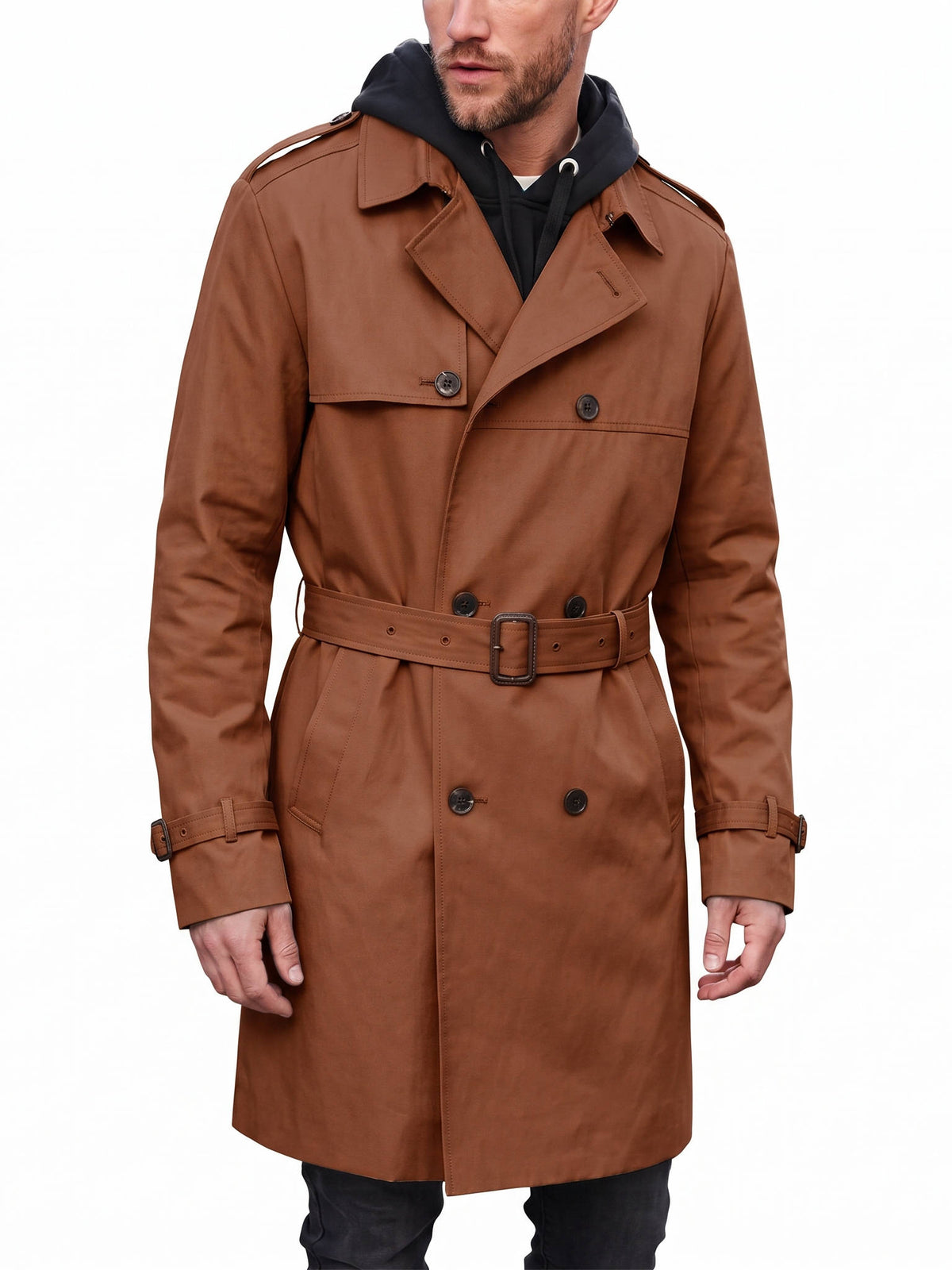 Mens Trench Coat, Belted Windproof Overcoat, Long Windbreaker Jacket
