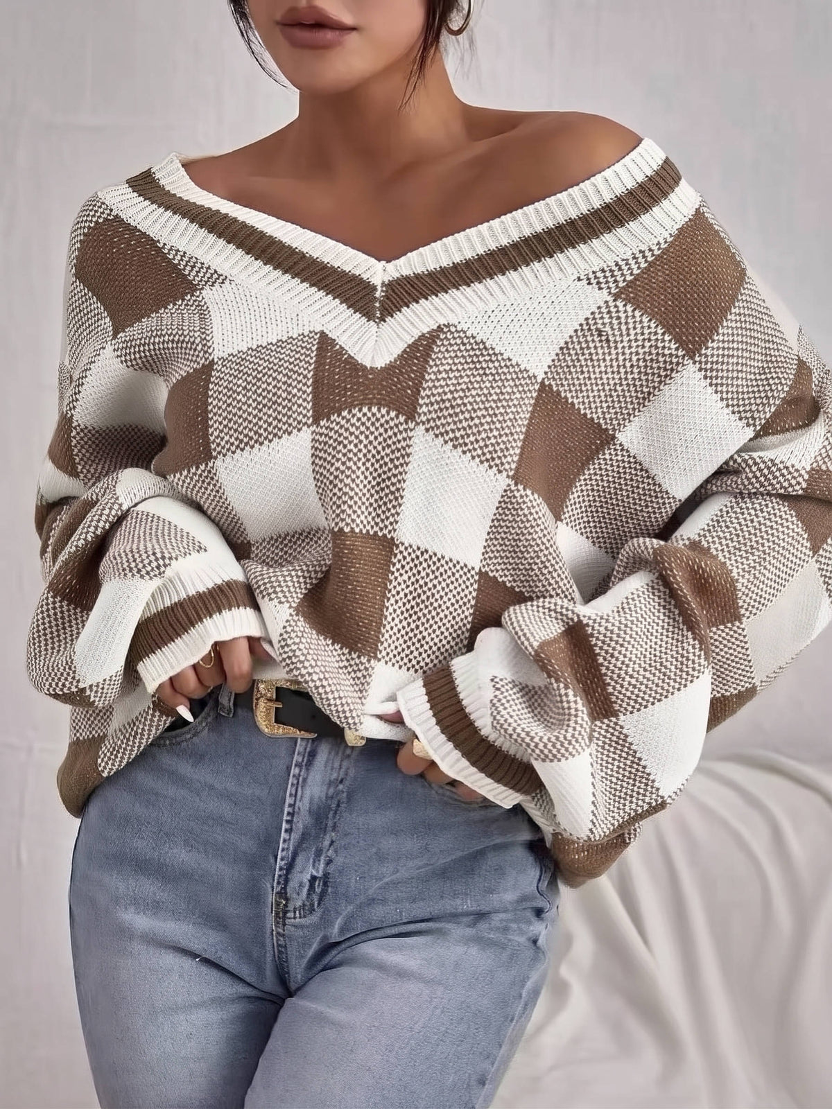 Womens Plaid Print Sweater Top, Deep V Neck Batwing Sleeve Jumper, Casual Long Sleeve Knitwear for Fall and Winter Daily Wear