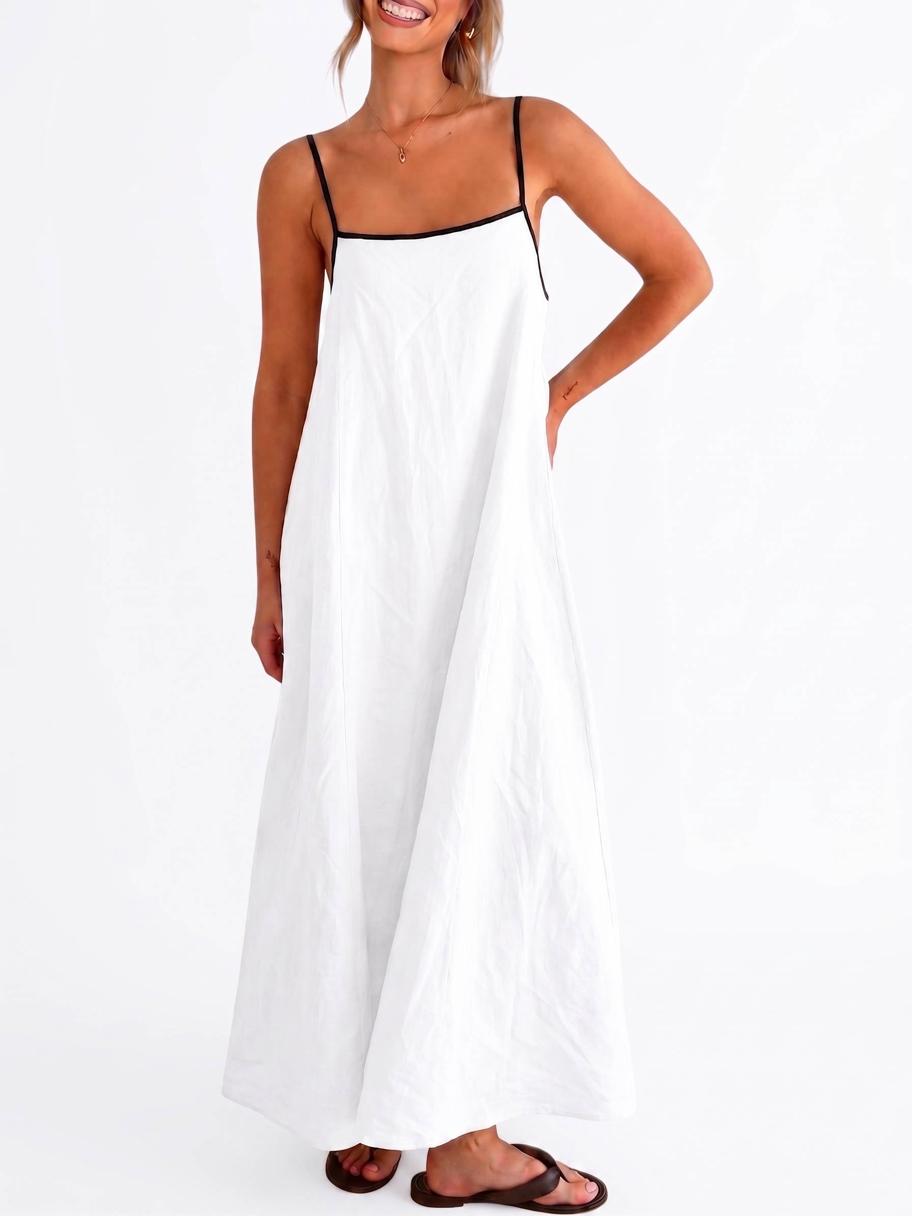 Womens Linen Maxi Dress, Contrast Spaghetti Strap Backless Summer Beach Dress