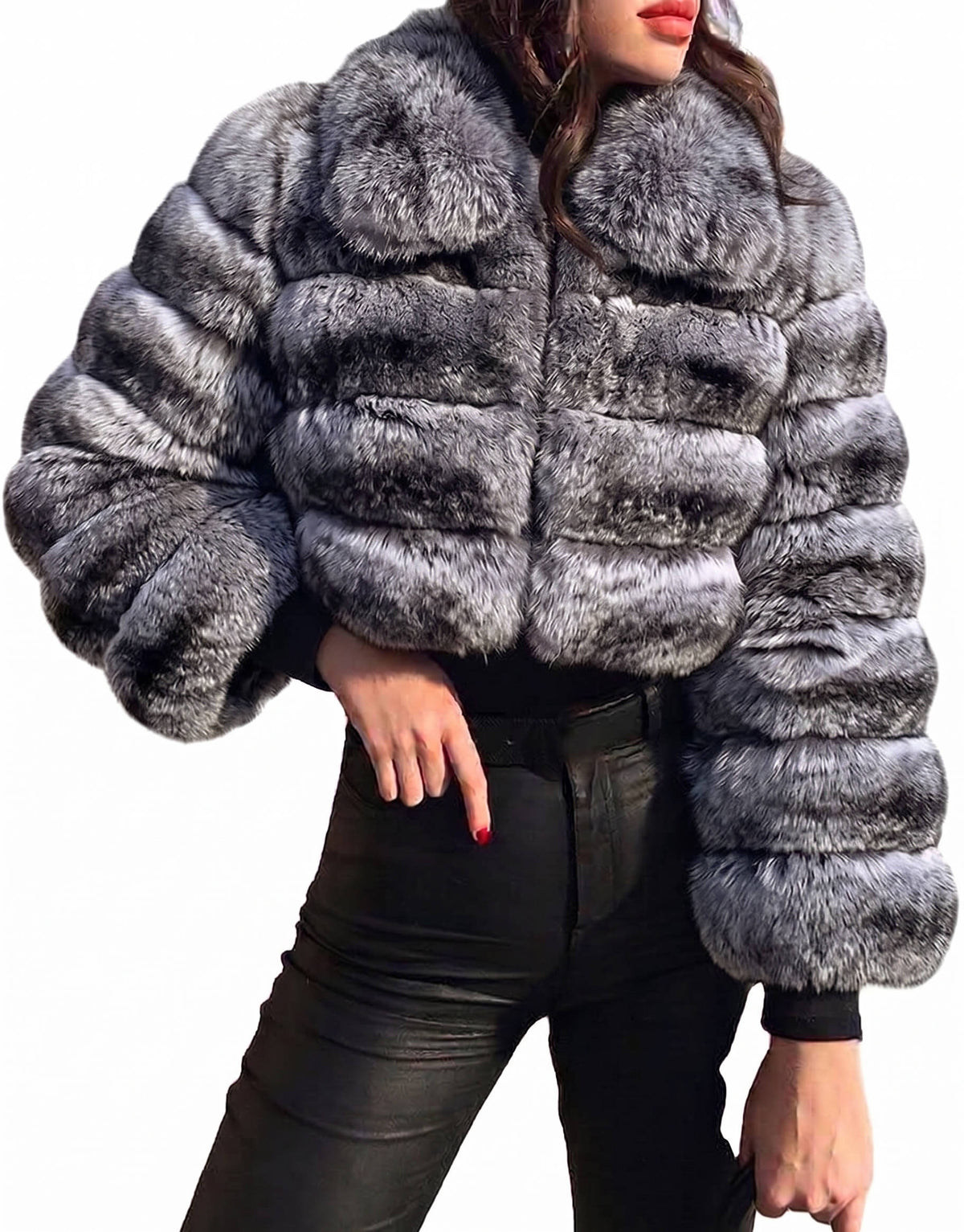 Womens Faux Fur Cropped Jacket, Fluffy Teddy Puffer Coat, Zip Up Warm Winter Jacket