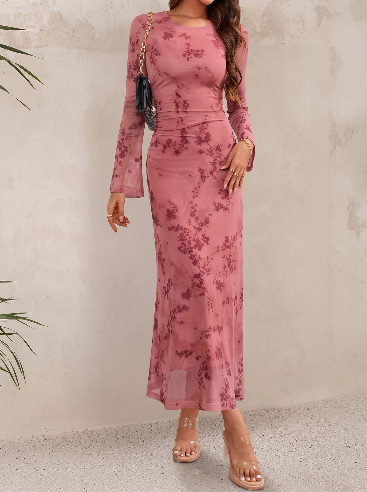 Womens Floral Maxi Dress, Long Sleeve Bodycon Ruched Mesh Formal Dress for Fall Evening Events