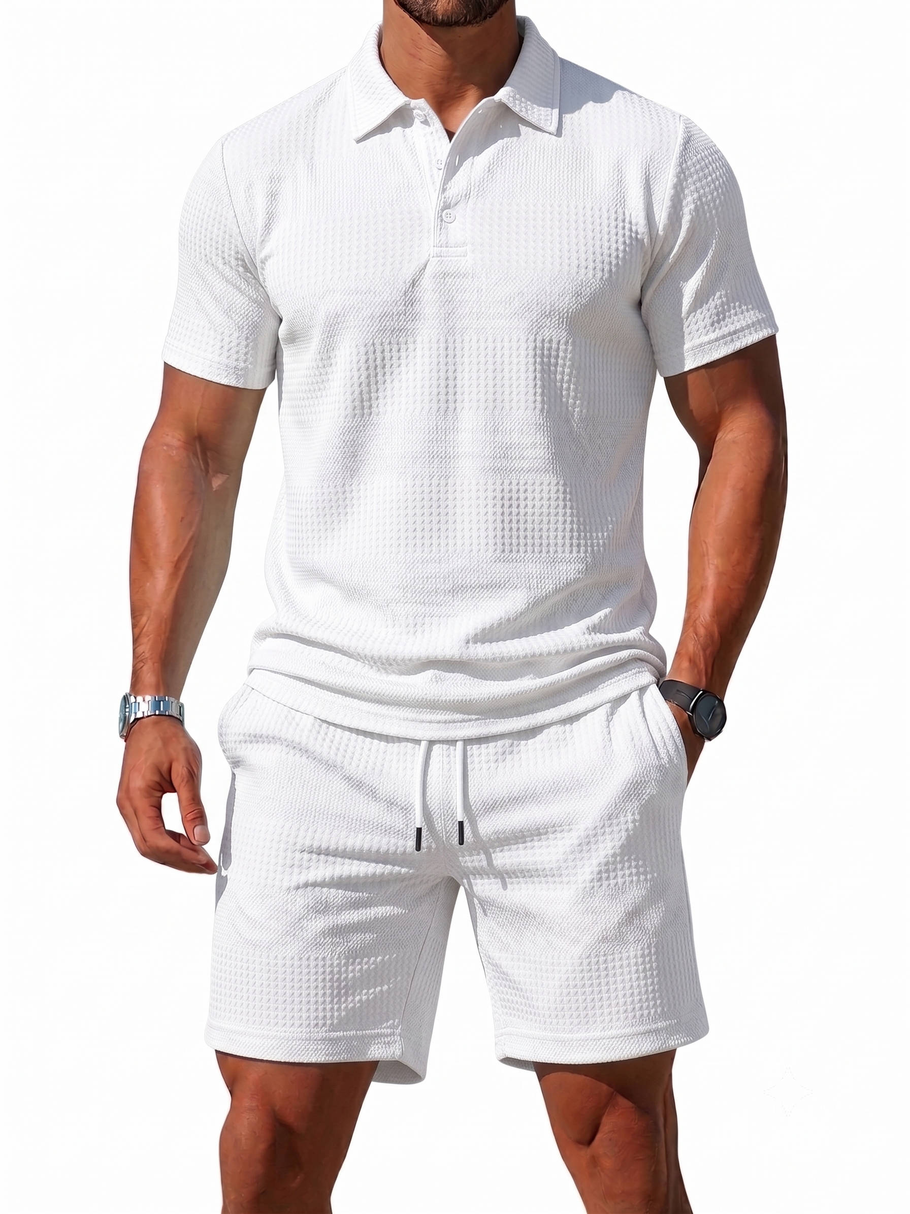 Men's Knitted Polo and Shorts Set, Vintage Casual Two Piece Outfits, Short Sleeve Textured Tracksuit