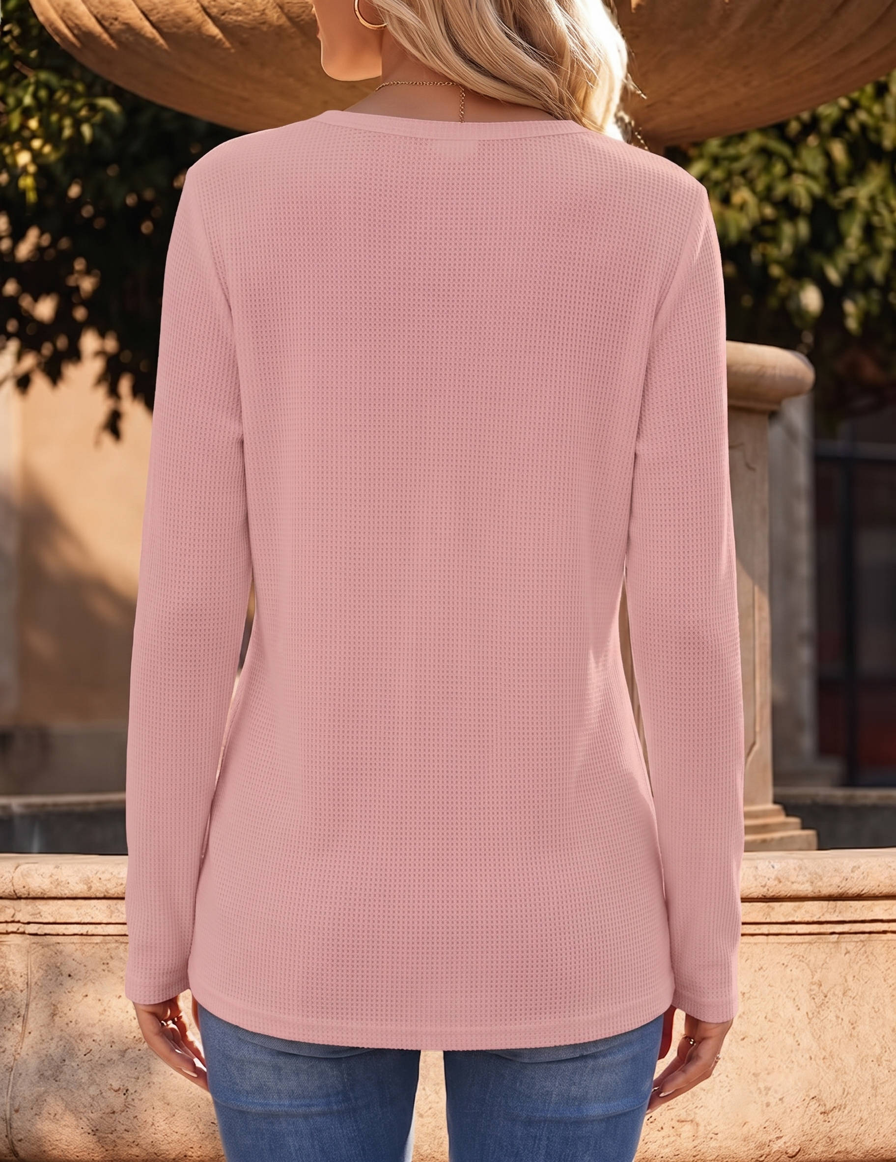 Women's Long Sleeve Waffle Knit Shirts, Dressy Casual Loose Button Up V Neck Tops, Fall Basic Tee Blouse