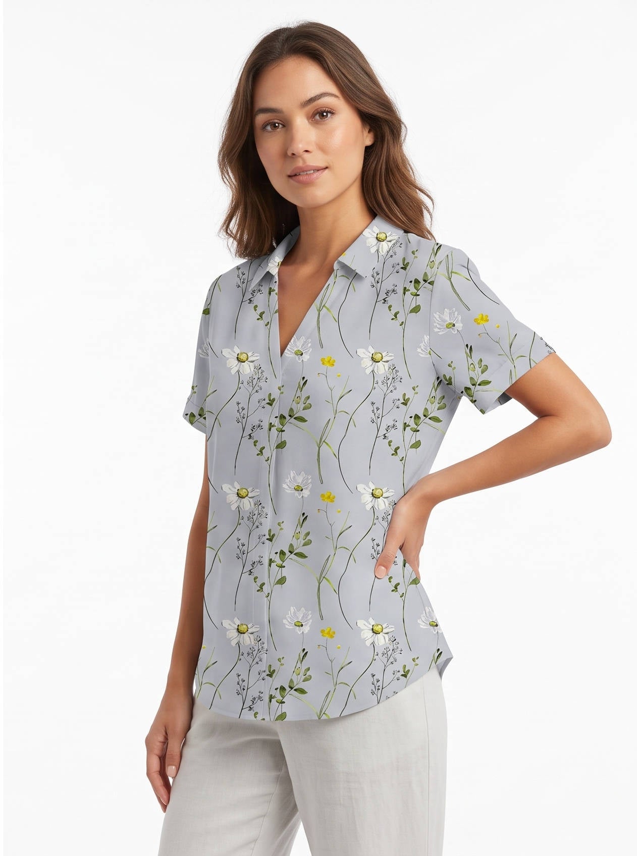 Women's Floral Print Linen Blouse, Vintage Peter Pan Collar Short Sleeve Shirt, Casual Lightweight Prairie Tops