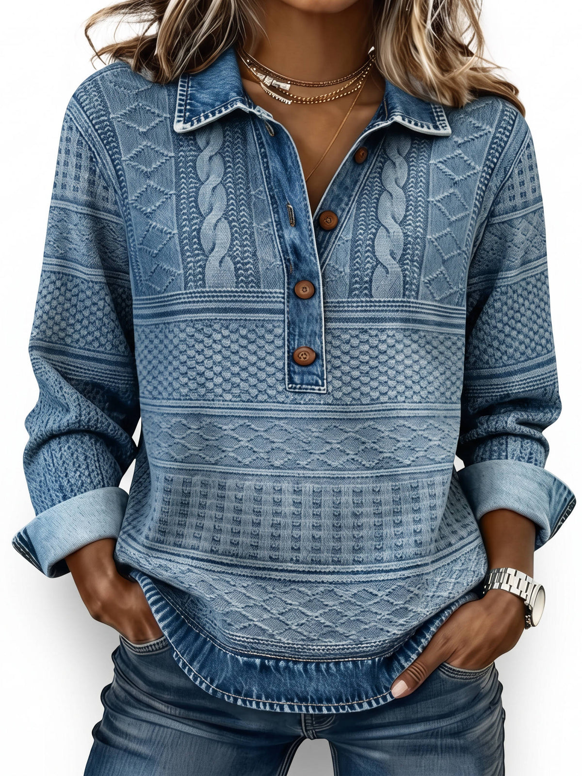 Womens Sweatshirt, Half Button Denim Style Collar Long Sleeve Casual Pullover Top
