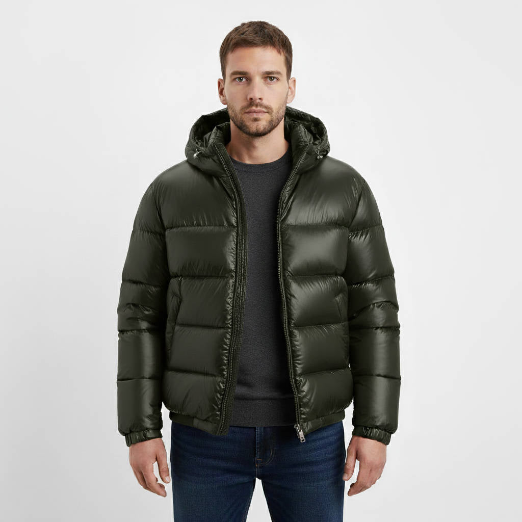 Hooded Puffer Jacket for Men with Cotton Padding and Stand Collar