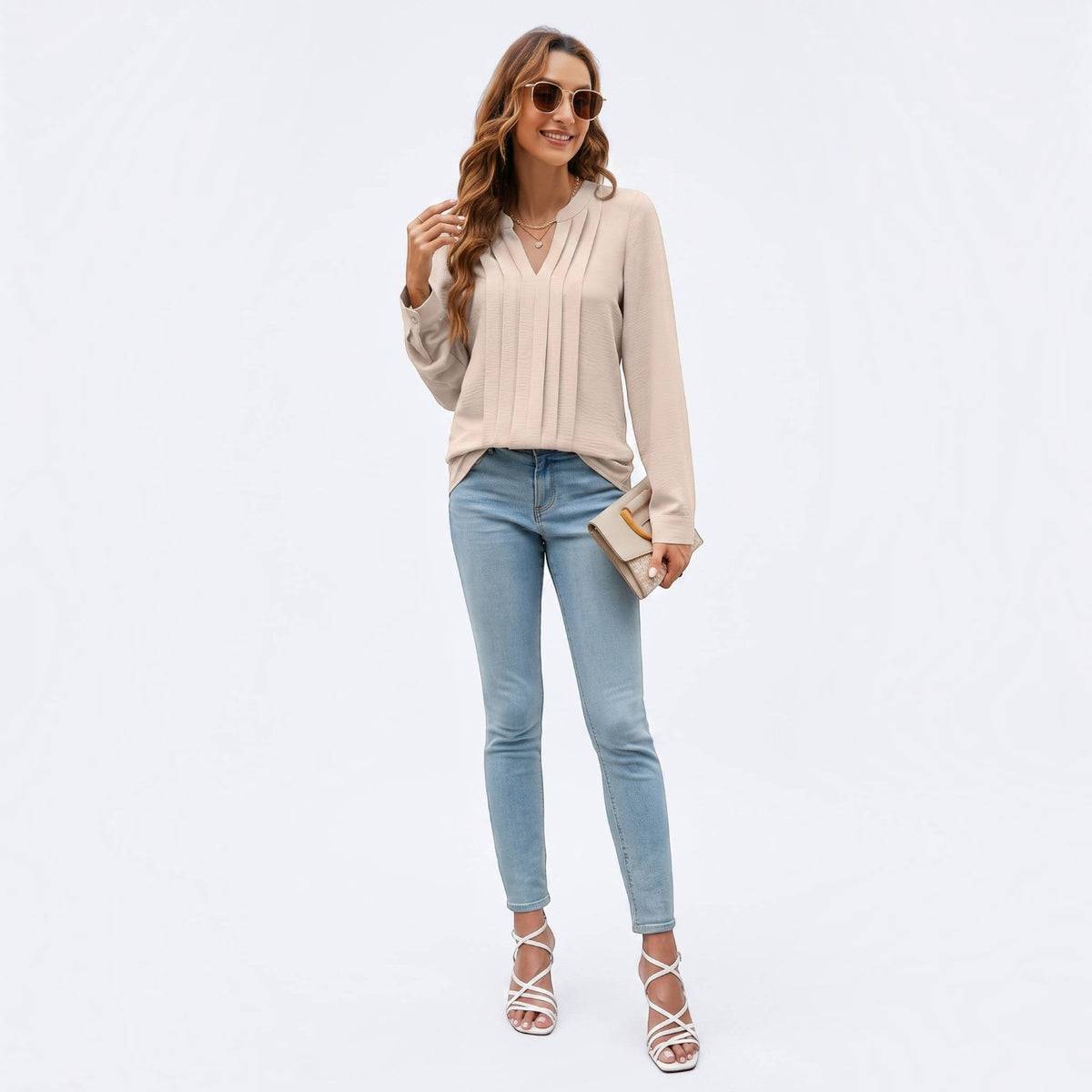 Womens Long Sleeve V-Neck Pleated Blouse - Business Casual Work Top