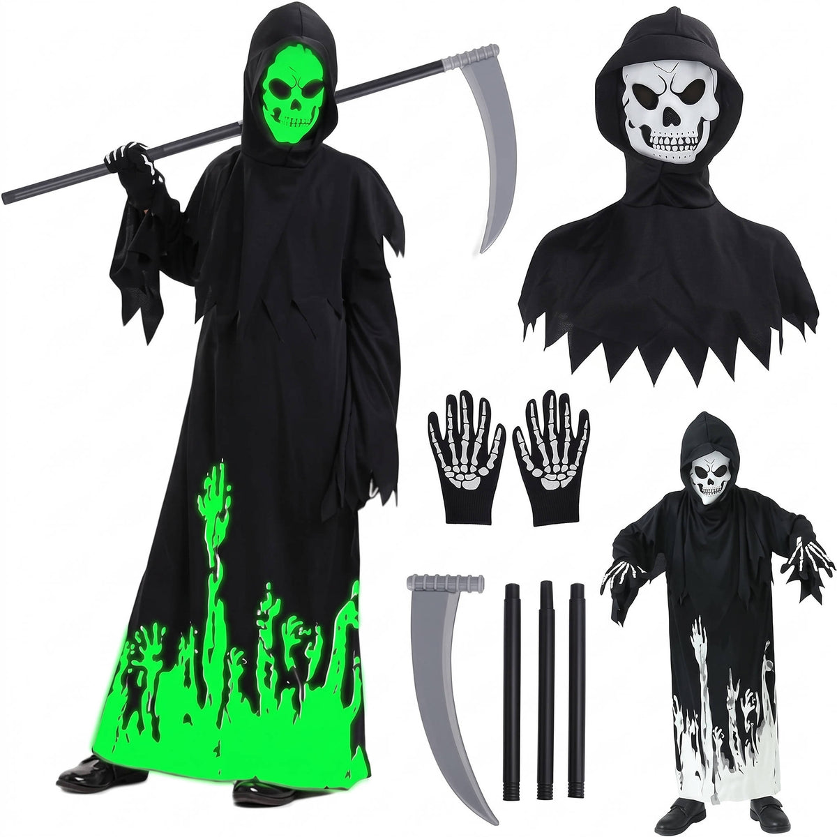 Grim Reaper Costume for Boys, Glow in the Dark Halloween Costume for Kids and Trick or Treating