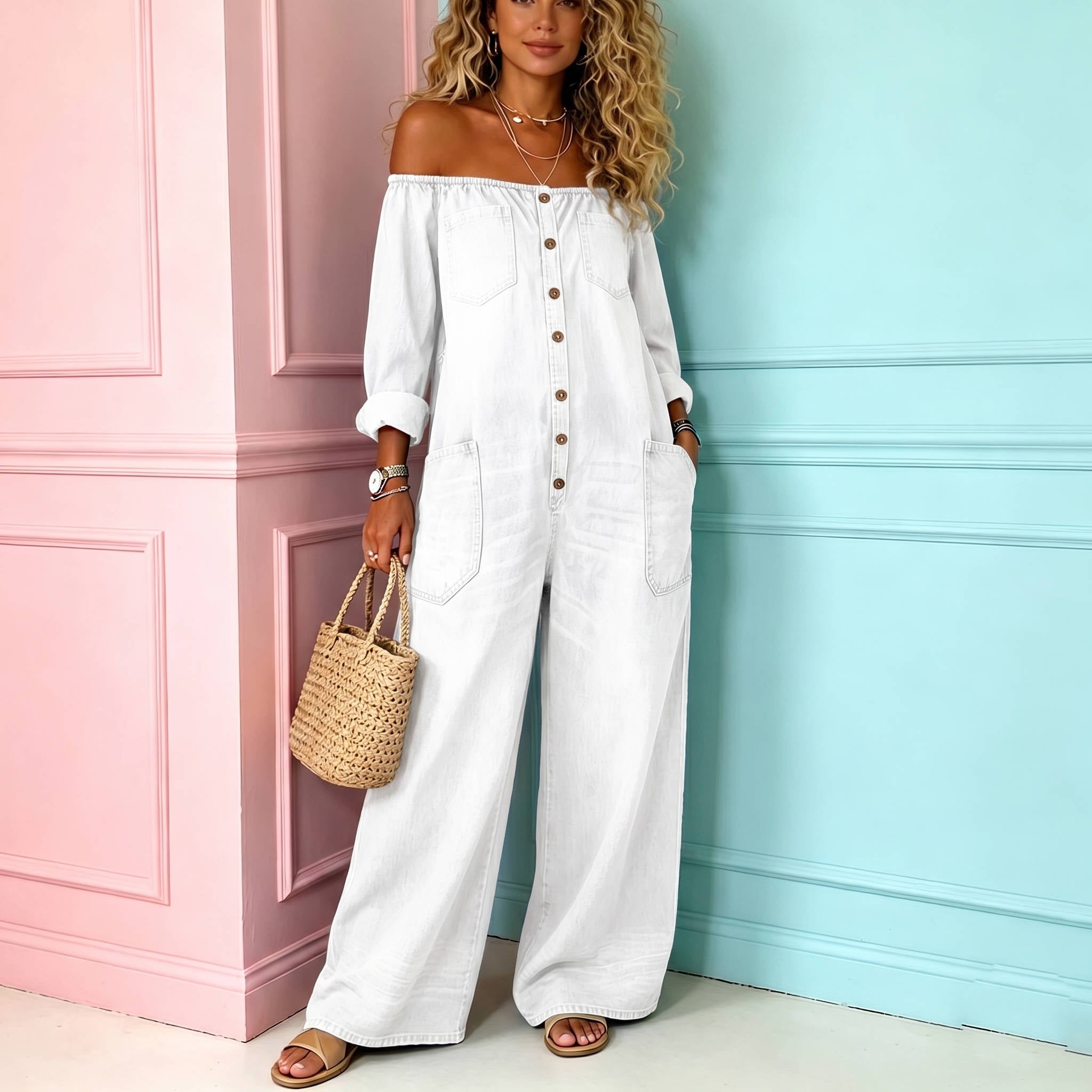 Women's Denim Jumpsuit, Off the Shoulder Wide Leg Romper, Casual Button Front Jeans Overalls with Pockets