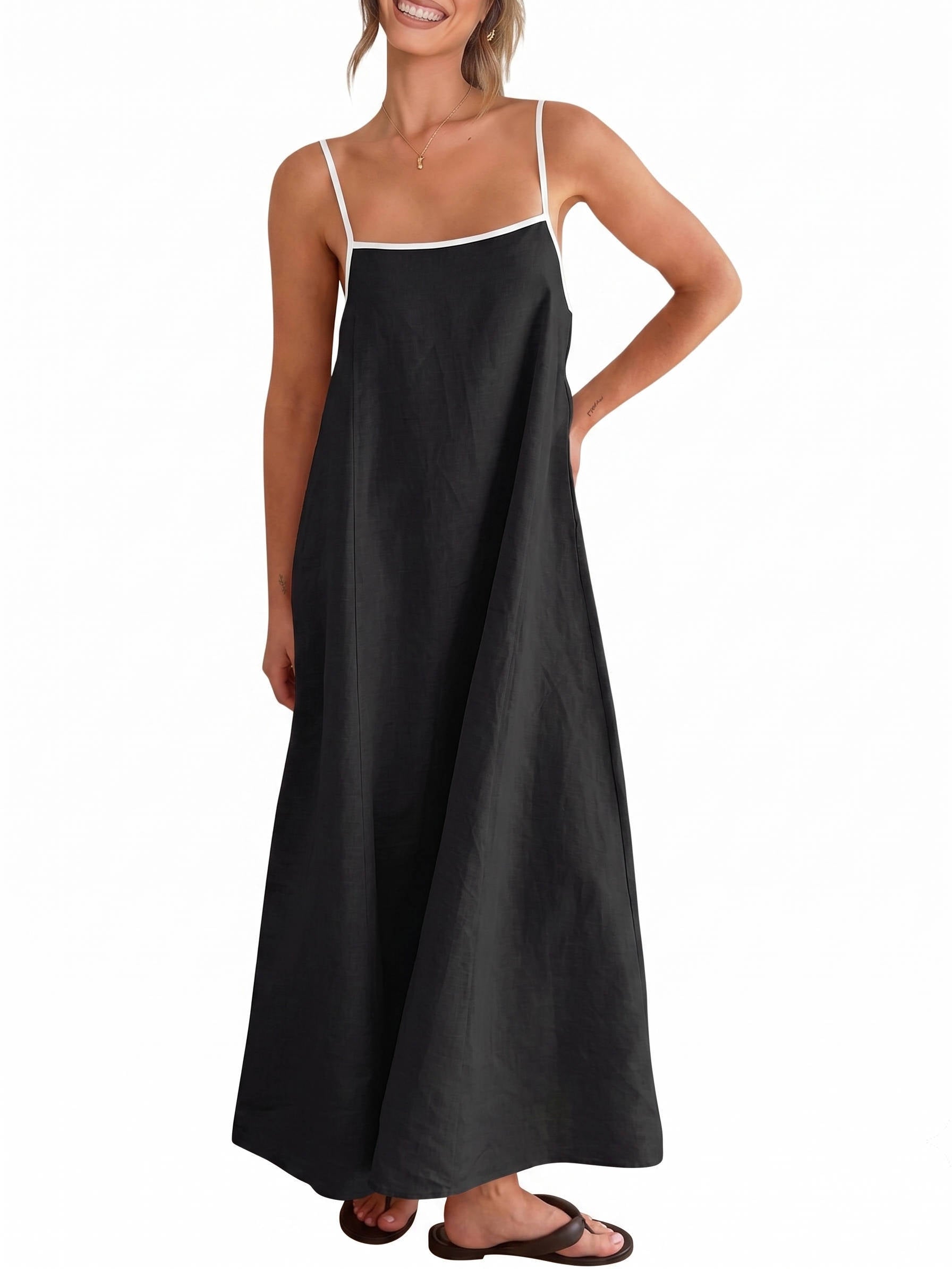 Womens Linen Maxi Dress, Contrast Spaghetti Strap Backless Summer Beach Dress
