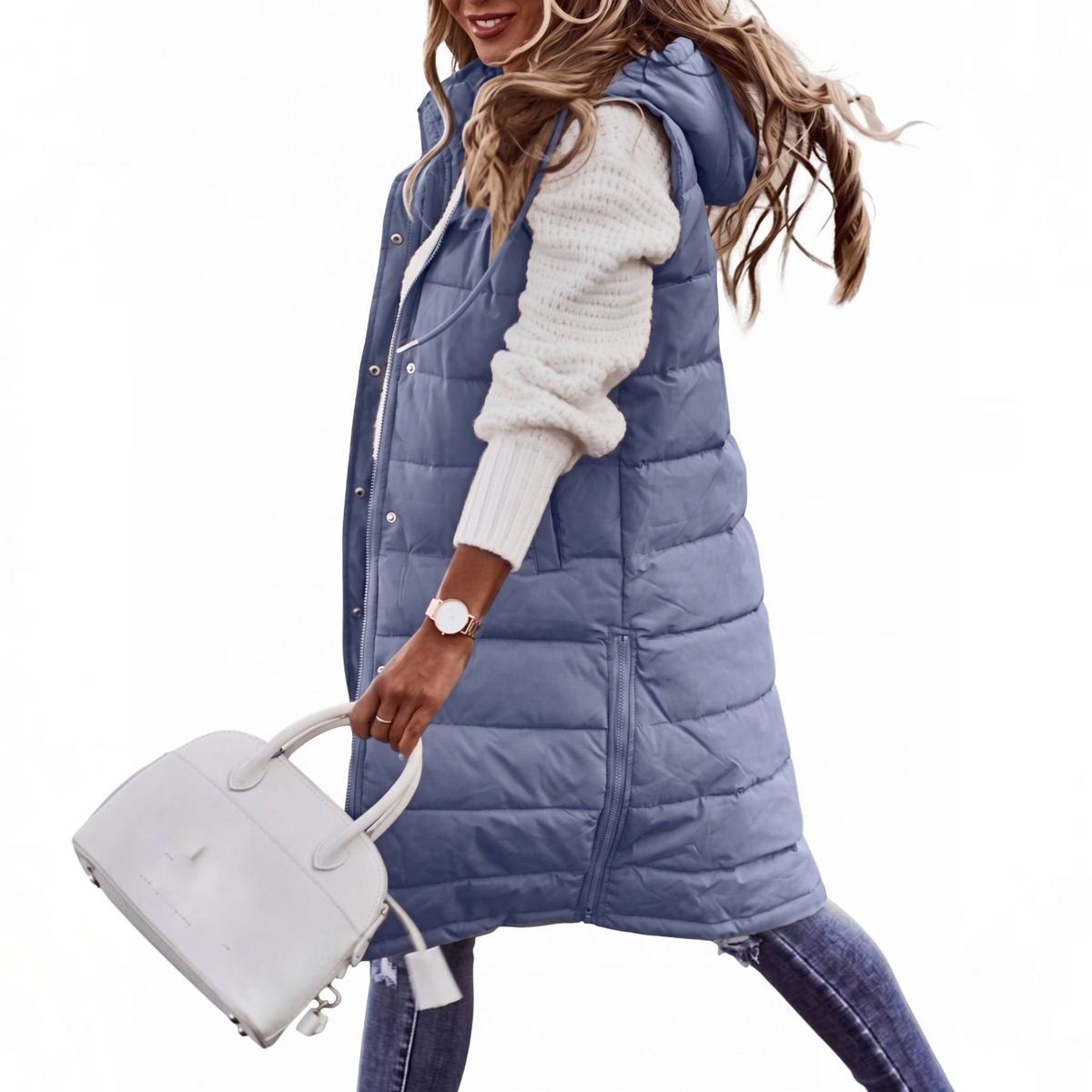 Womens Knee Length Puffer Vest, Hooded Quilted Zip Up Long Vest, Warm Winter Outerwear