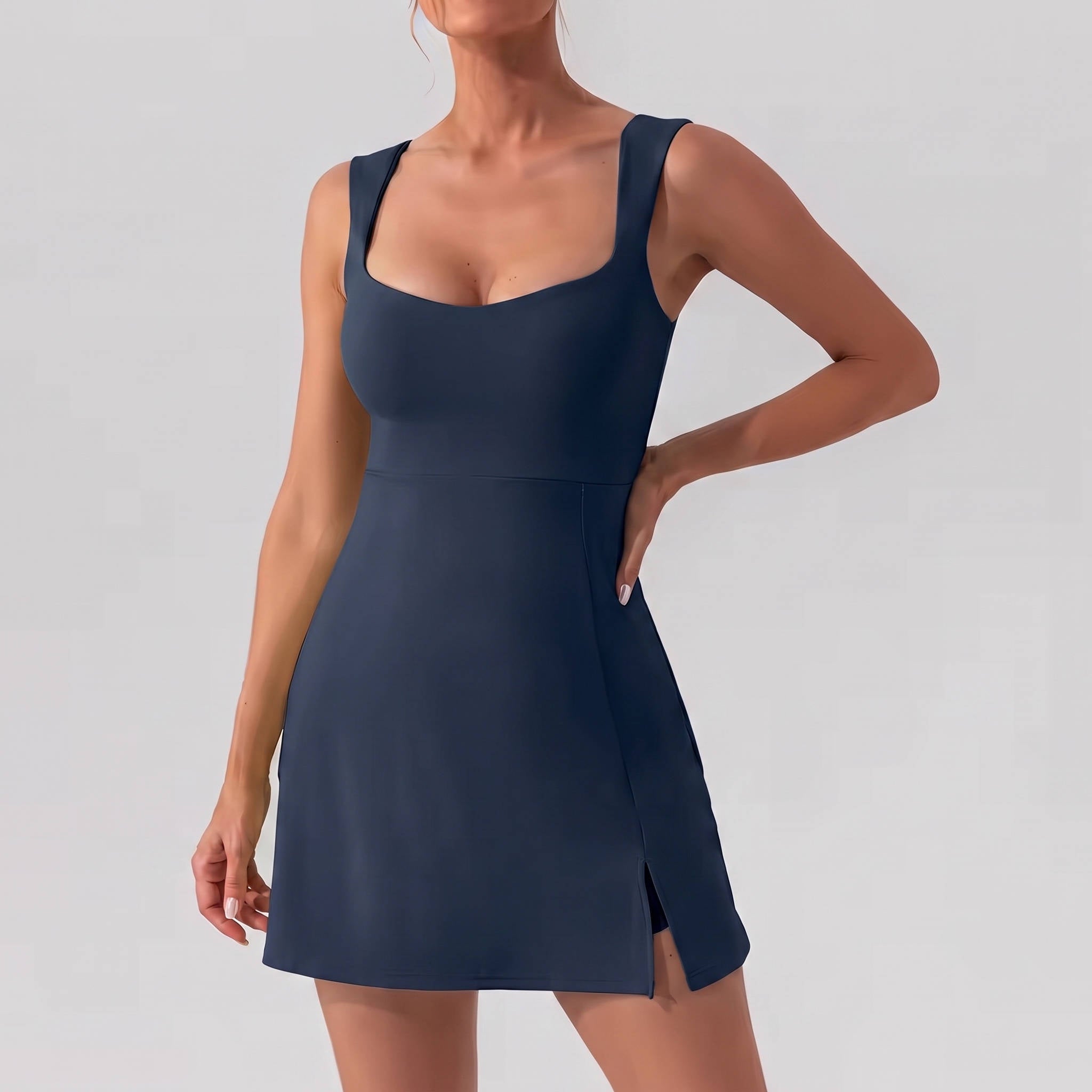 Womens Athletic Dress, Mini U Neck Sleeveless Little Dress with Built In Shorts and Pockets