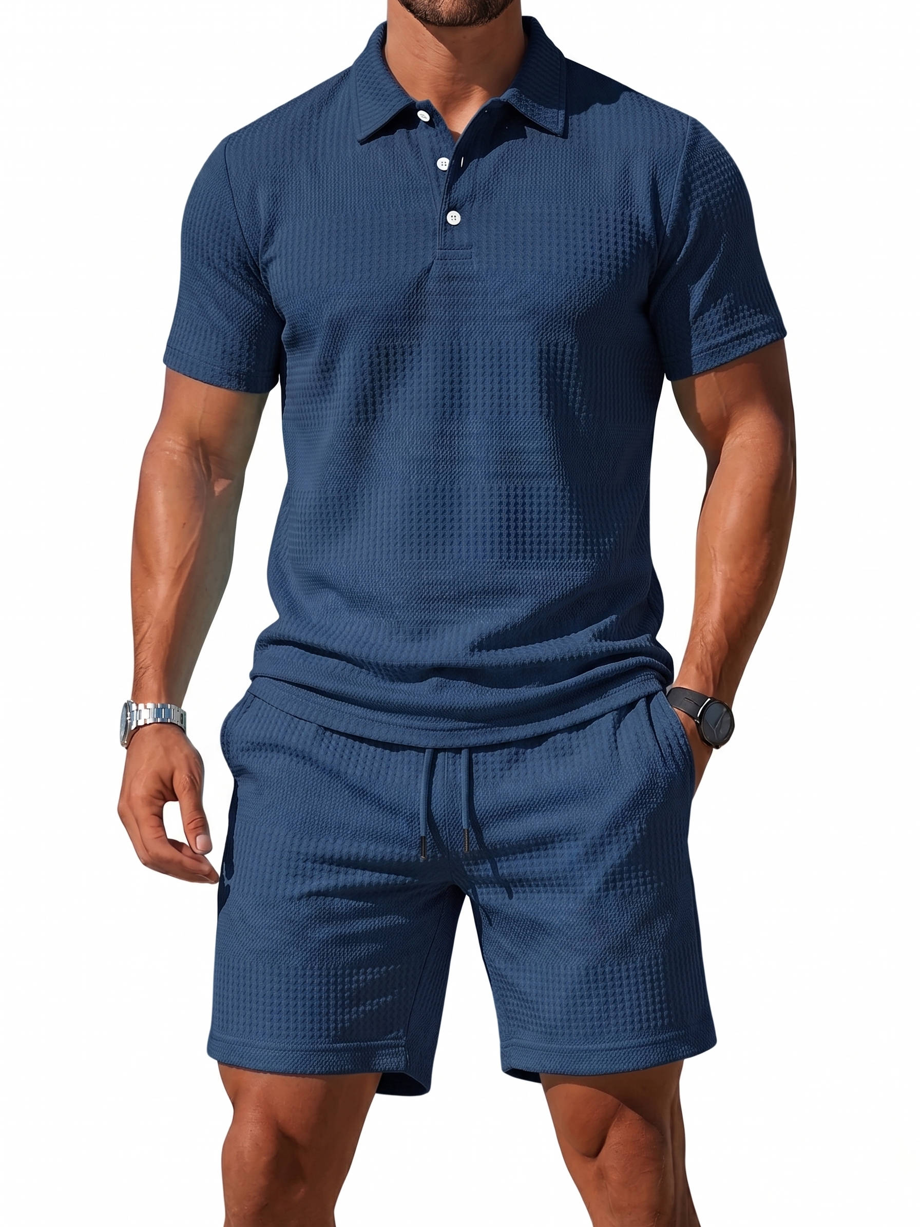 Men's Knitted Polo and Shorts Set, Vintage Casual Two Piece Outfits, Short Sleeve Textured Tracksuit