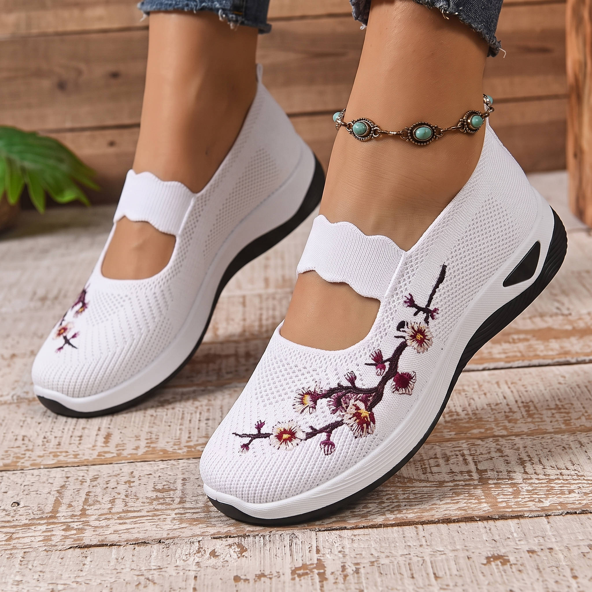 Women's Mary Jane Sneakers, Floral Embroidered Mesh Shoes, Slip on Elastic Strap Comfort Flats