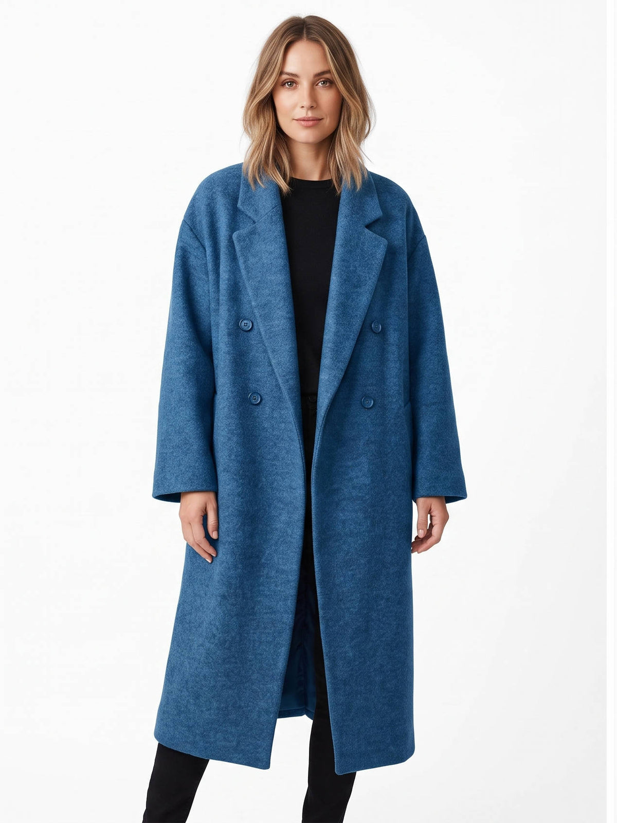 Womens Long Wool Coat, Double Breasted, Notch Lapel Winter Trench Coat