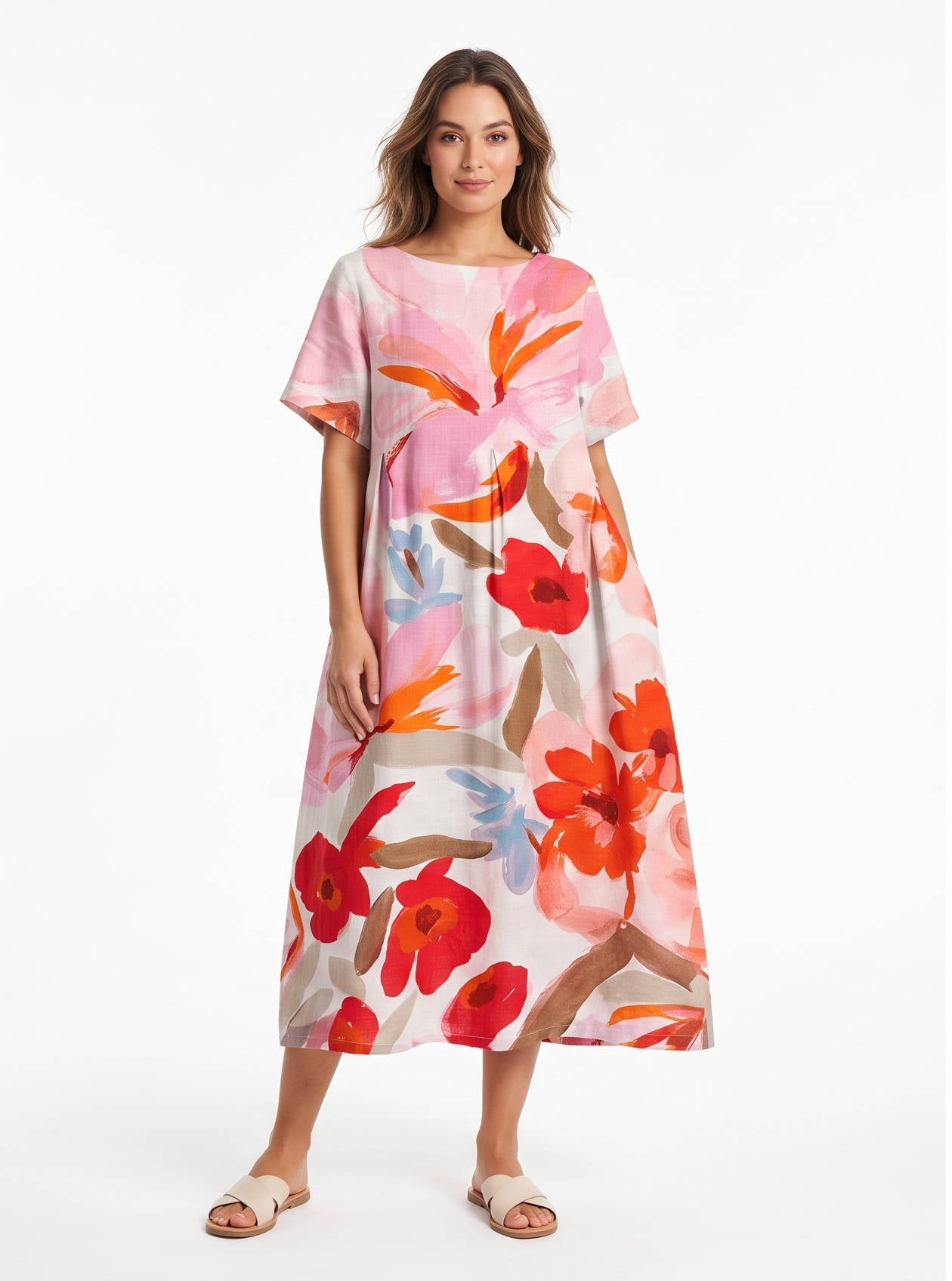 Womens Floral A Line Midi Dress, Short Sleeve Casual Summer Dress