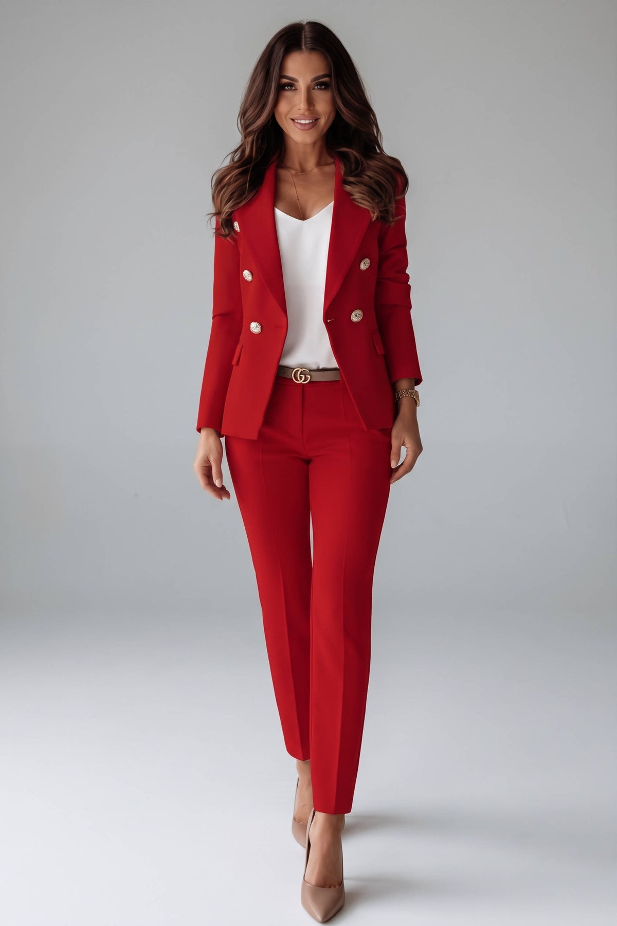 Womens Two Piece Pants Suit, Double Breasted Blazer and Straight Leg Trousers for Professional Office Business Wear