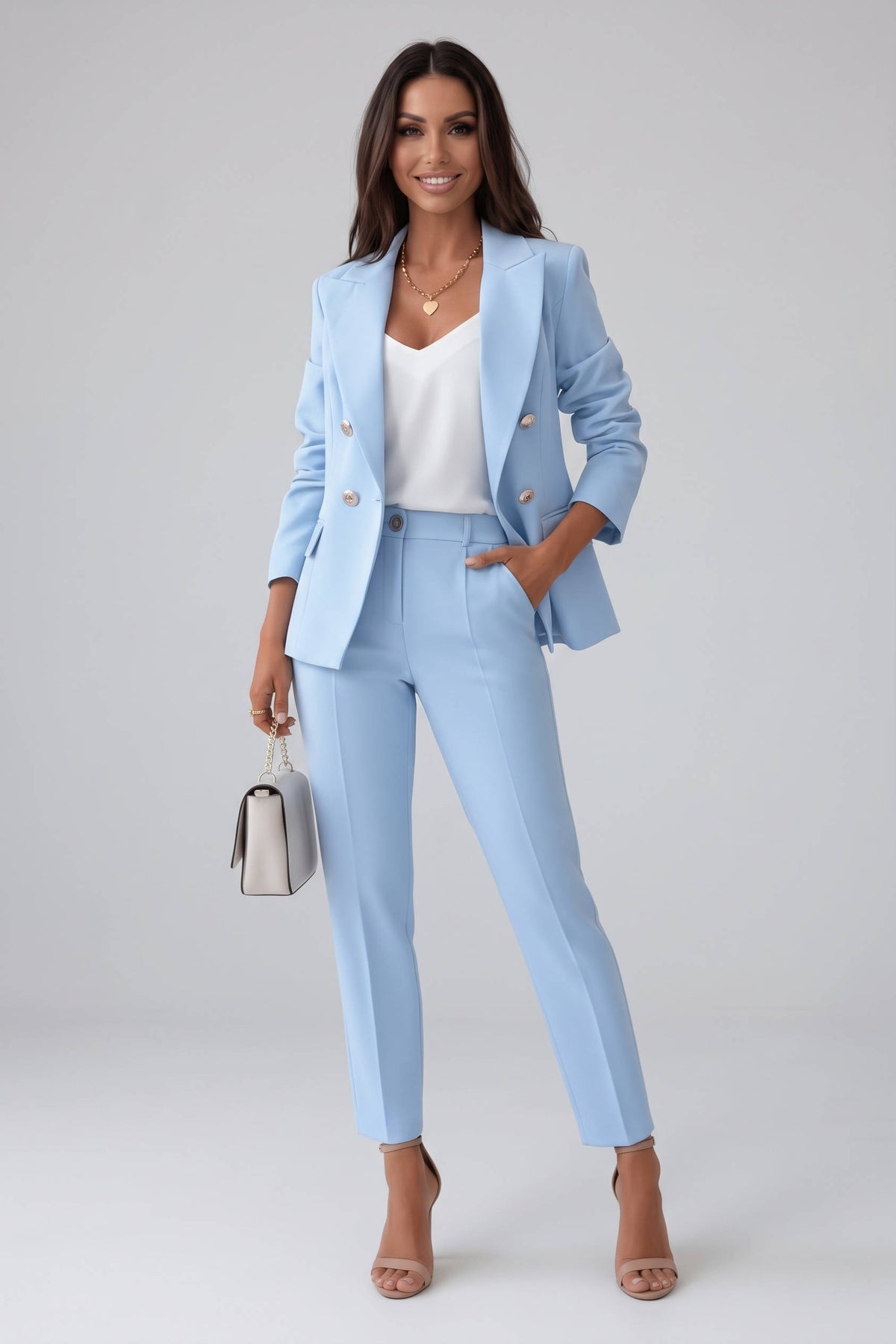 Womens Two Piece Pants Suit, Double Breasted Blazer and Straight Leg Trousers for Professional Office Business Wear