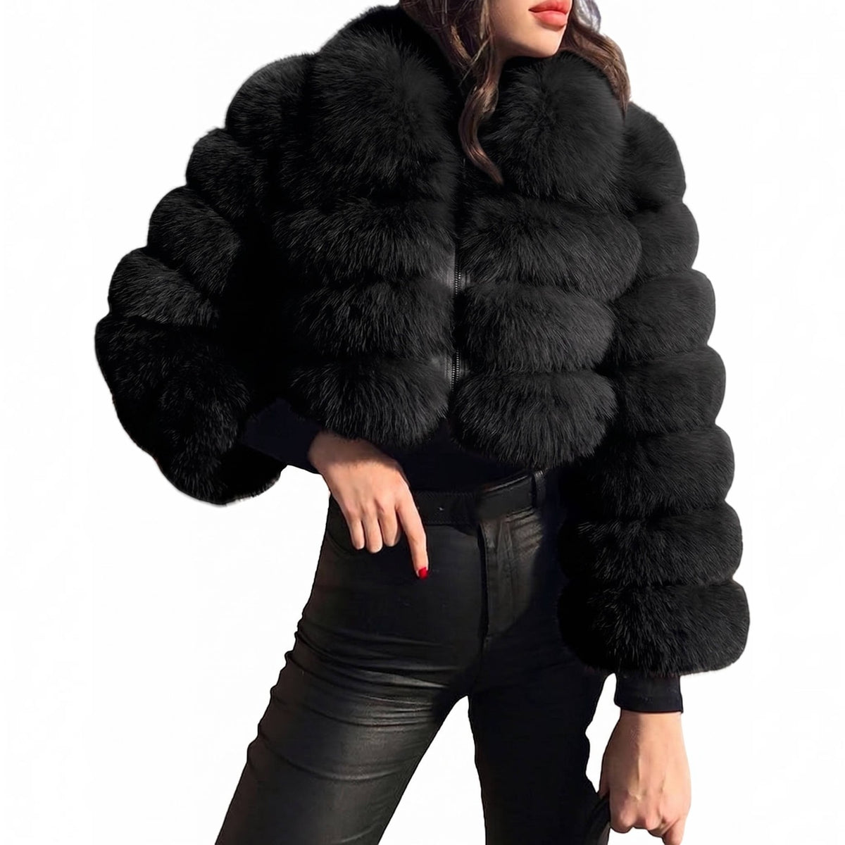 Womens Faux Fur Cropped Jacket, Fluffy Teddy Puffer Coat, Zip Up Warm Winter Jacket