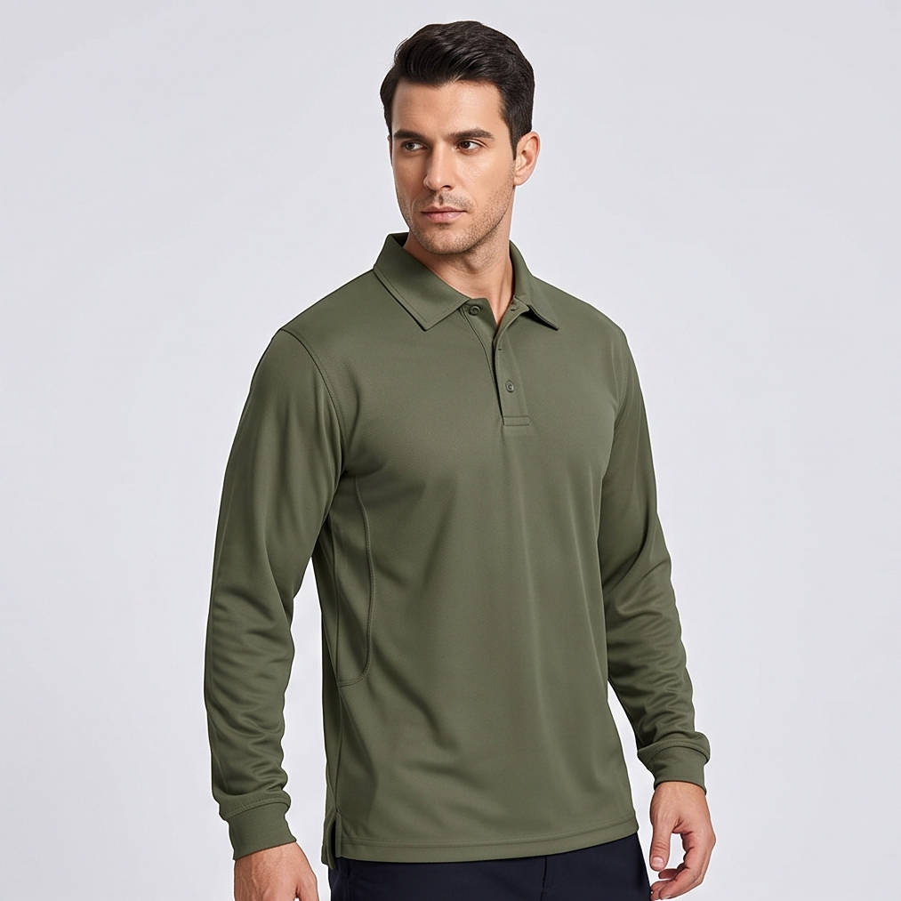 Mens Polo Shirts, Quick Dry Long Sleeve Tactical Golf Shirt, 3 Button Pique Jersey Performance Shirt