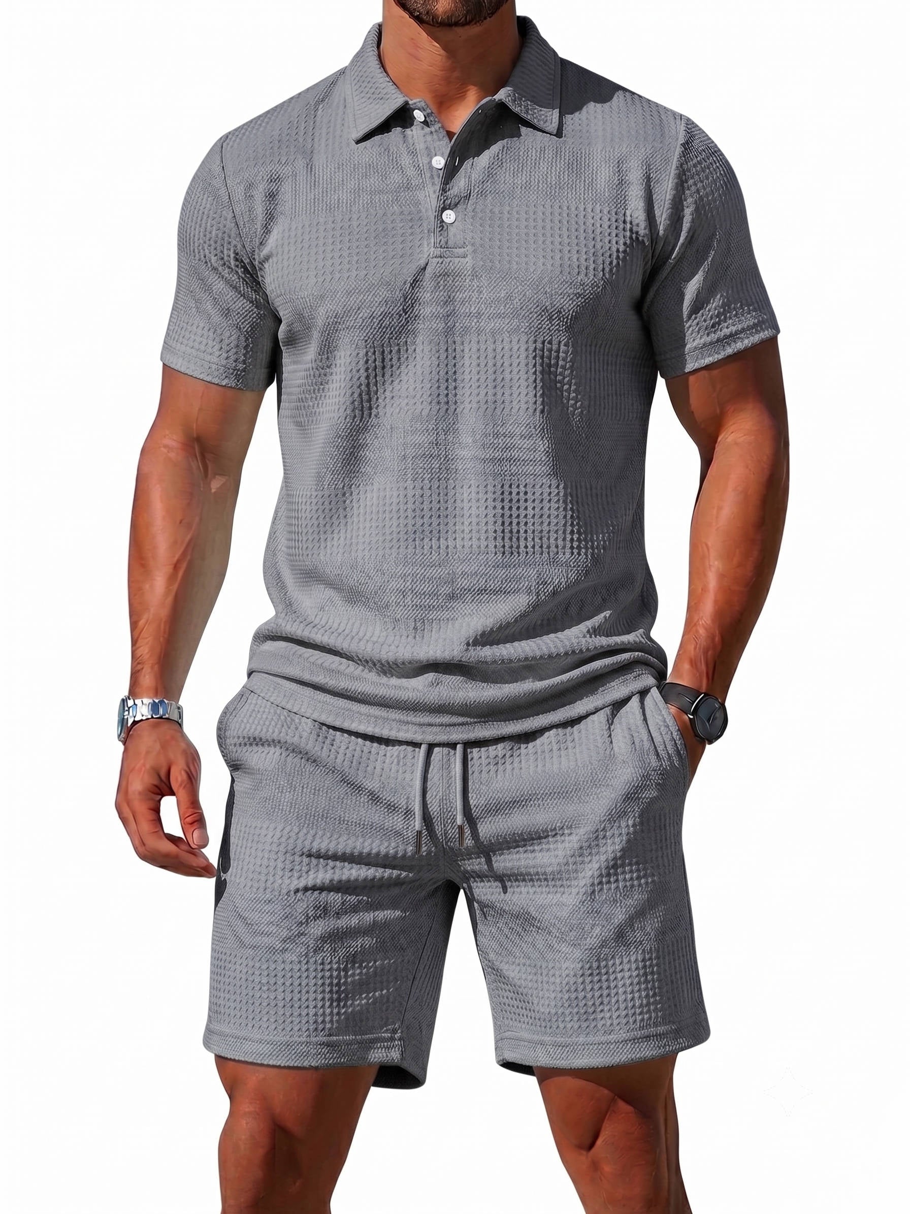 Men's Knitted Polo and Shorts Set, Vintage Casual Two Piece Outfits, Short Sleeve Textured Tracksuit