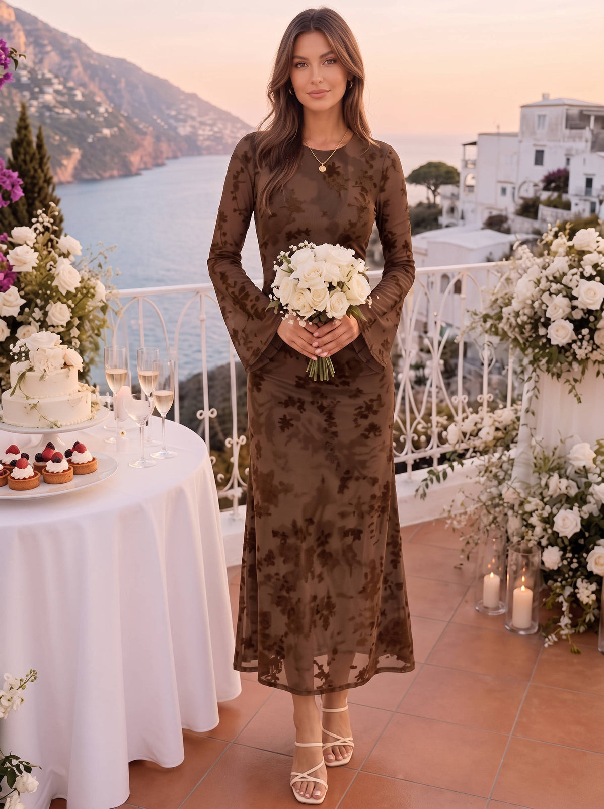 Womens Floral Maxi Dress, Long Sleeve Bodycon Ruched Mesh Formal Dress for Fall Evening Events