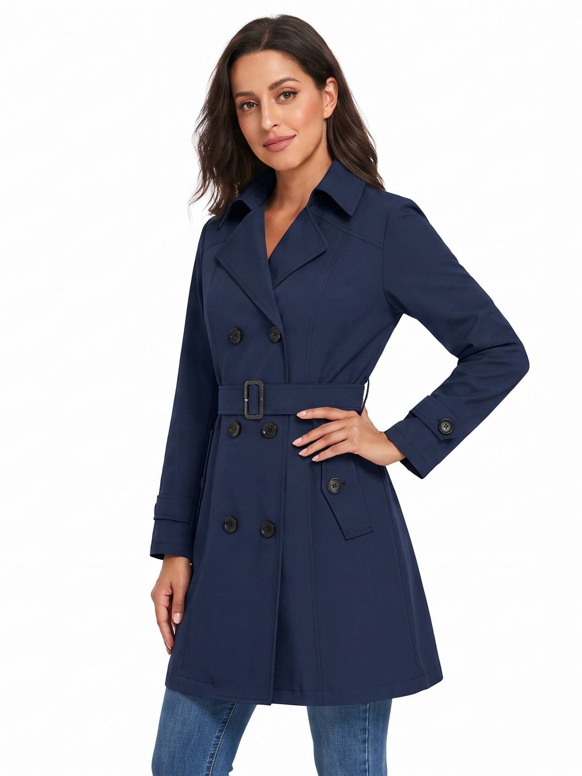 Womens Trench Coat, Classic Lapel, Belted Outerwear