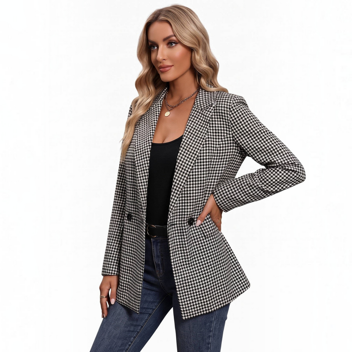 Womens Plaid Houndstooth Blazer, Business Casual Fall Jacket